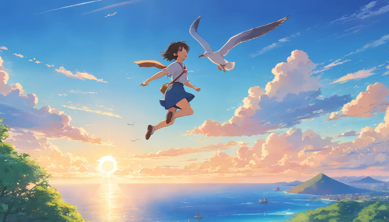 masutepiece, Bird View, Best Quality, Movie Still, One girl on a flying broom, Seagull, Below is the blue sea and the island, kikis delivery service, miyazaki's animated film, Ghibli Anime, Clouds in the sky, Blue sky, Bright, Warm and soft lighting, Sunrise, (sparks:0.7), ultra wide-angle, 8K, Super Detail, ccurate, Best Quality