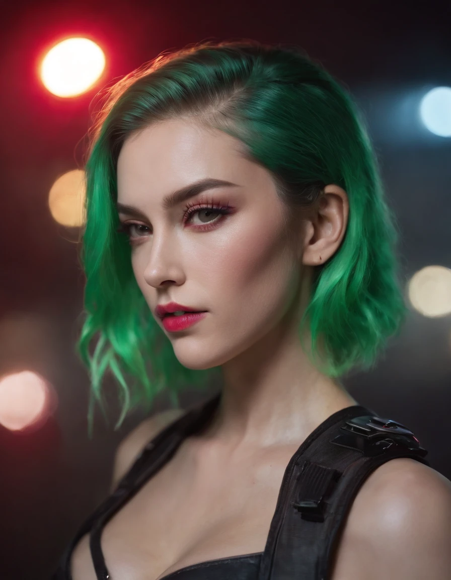 Extreme close-up Beautiful portrait (80s cyberpunk:1.3), Women (Chloe incorporeal SD15), neon, Green hair braids, Lips pressed (serious:1.2) looking (Bright edge-lit edge light:1.2) Netstream athlete jacket ,Deep shadows ,Dramatic ,Camera angle, High-contrast color grading, (A masterpiece:1.2) ,(photo-realistic:1.2), (bokeh:1.2) ,(of the best quality) ,(detailed skin:1.3) ,(Intricate details) ,(8K), (hdr), (cenematic lighting), (sharp focus) ,(80s Dark Fantasy SD15b:1.2)