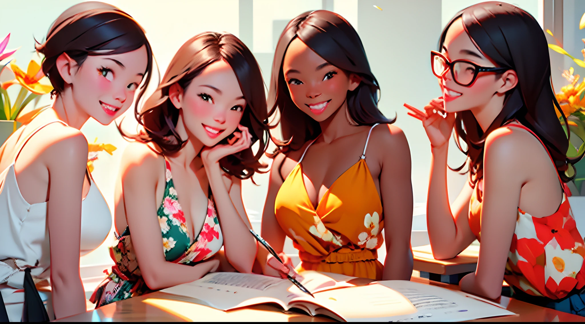 photoRealstic、Sit at your desk and enjoy studying with friends、Laughing with open mouths、up of face、Floral dress、flower petals、season!!: 夏天☀ 🍂