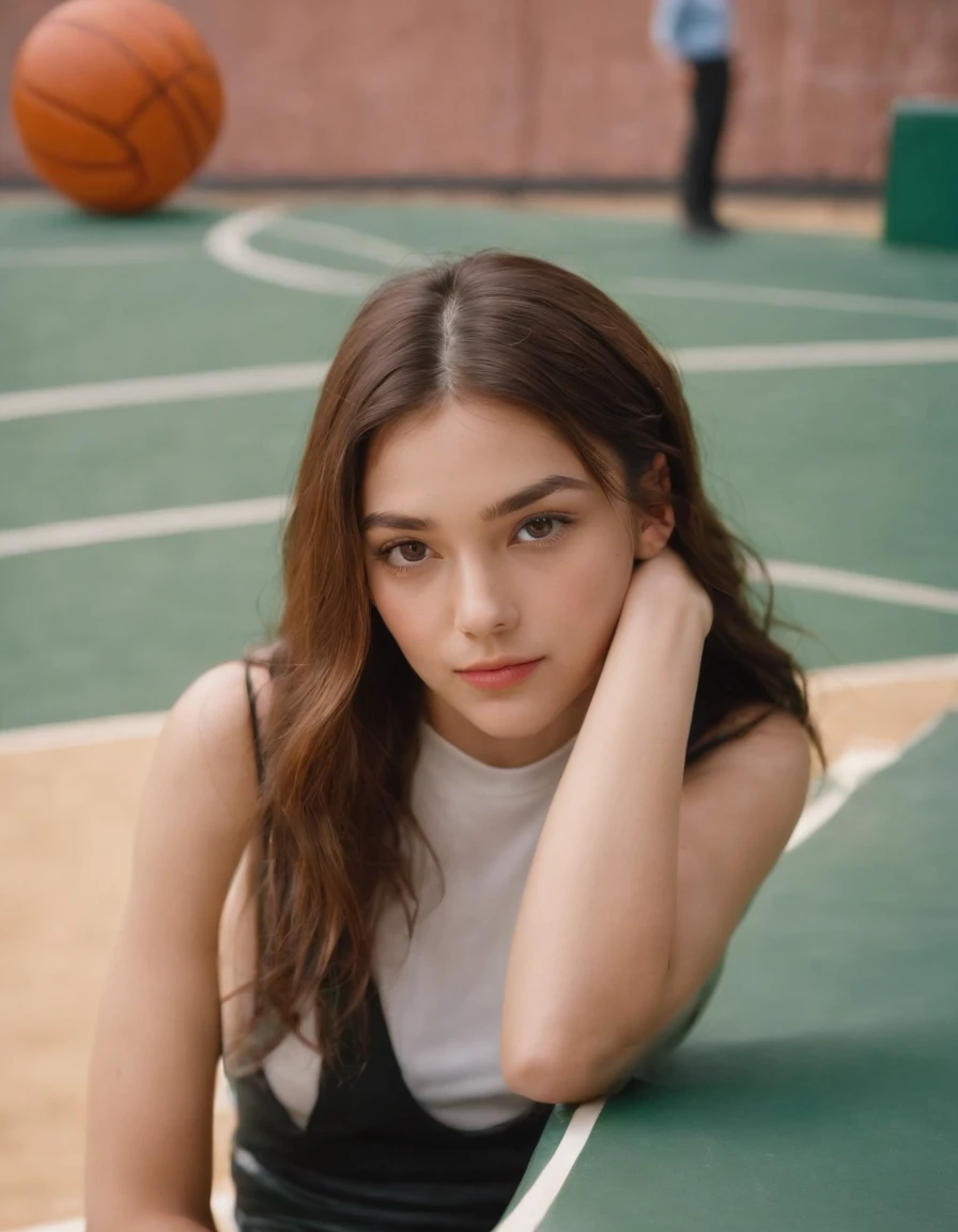 2000s fashion, high-angle photo, shot with Fujicolor C200, capturing a girl sitting down on a basketball court as a backdrop, colorful melancholy, flickr, associated press photo, upper body