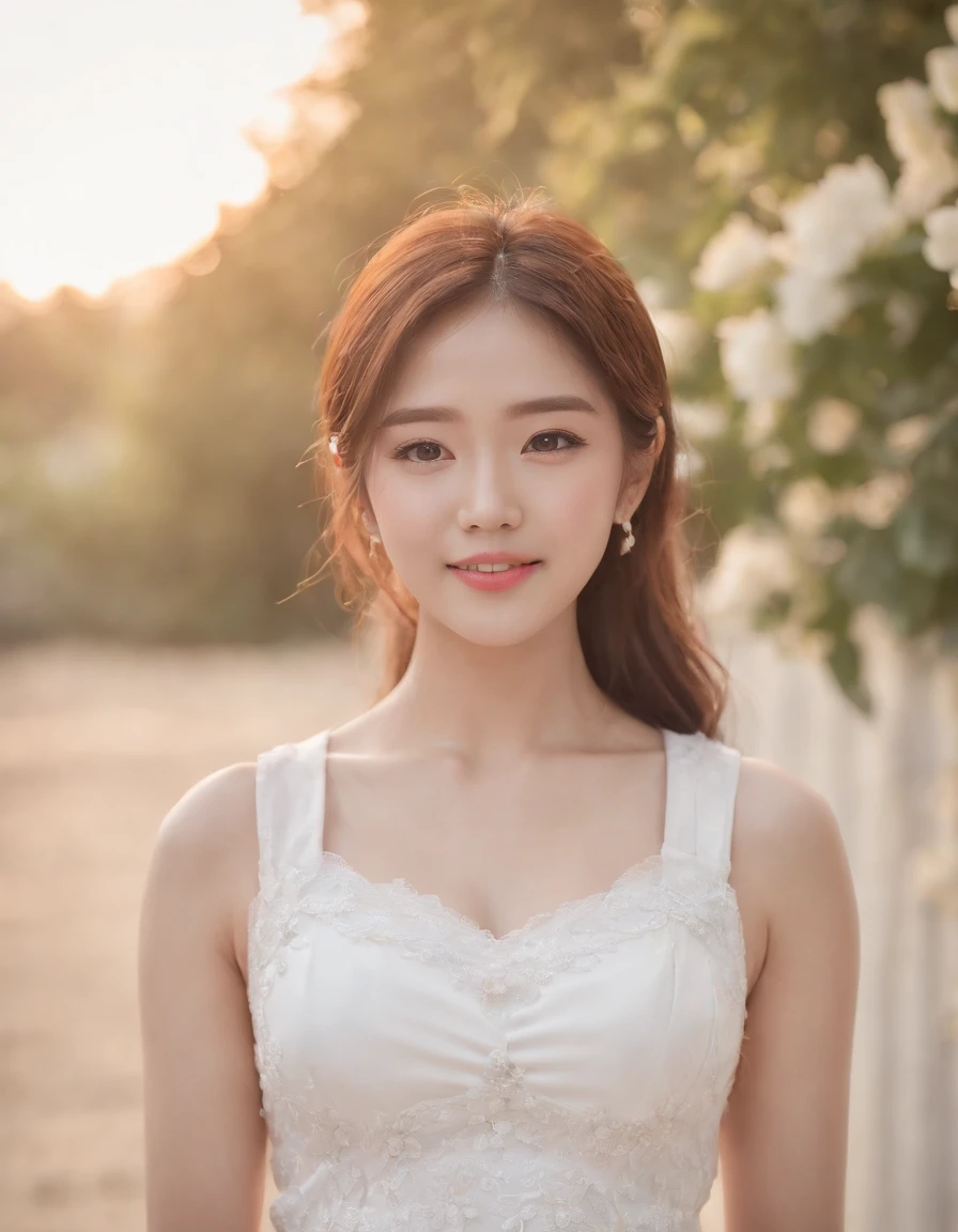 4k, High Resolution, Masterpiece, Best Quality, (Korean K-pop Idol), Face Highlighting, Pure, Girly, Flushing, 18-year-old smiling female classmate, Pure, Innocent, (Cinema Lighting), Clavicle, Morning, Soft Light, Dynamic Angle, [: (detailed face:1.2):0.2], tight vest, (medium close-up)