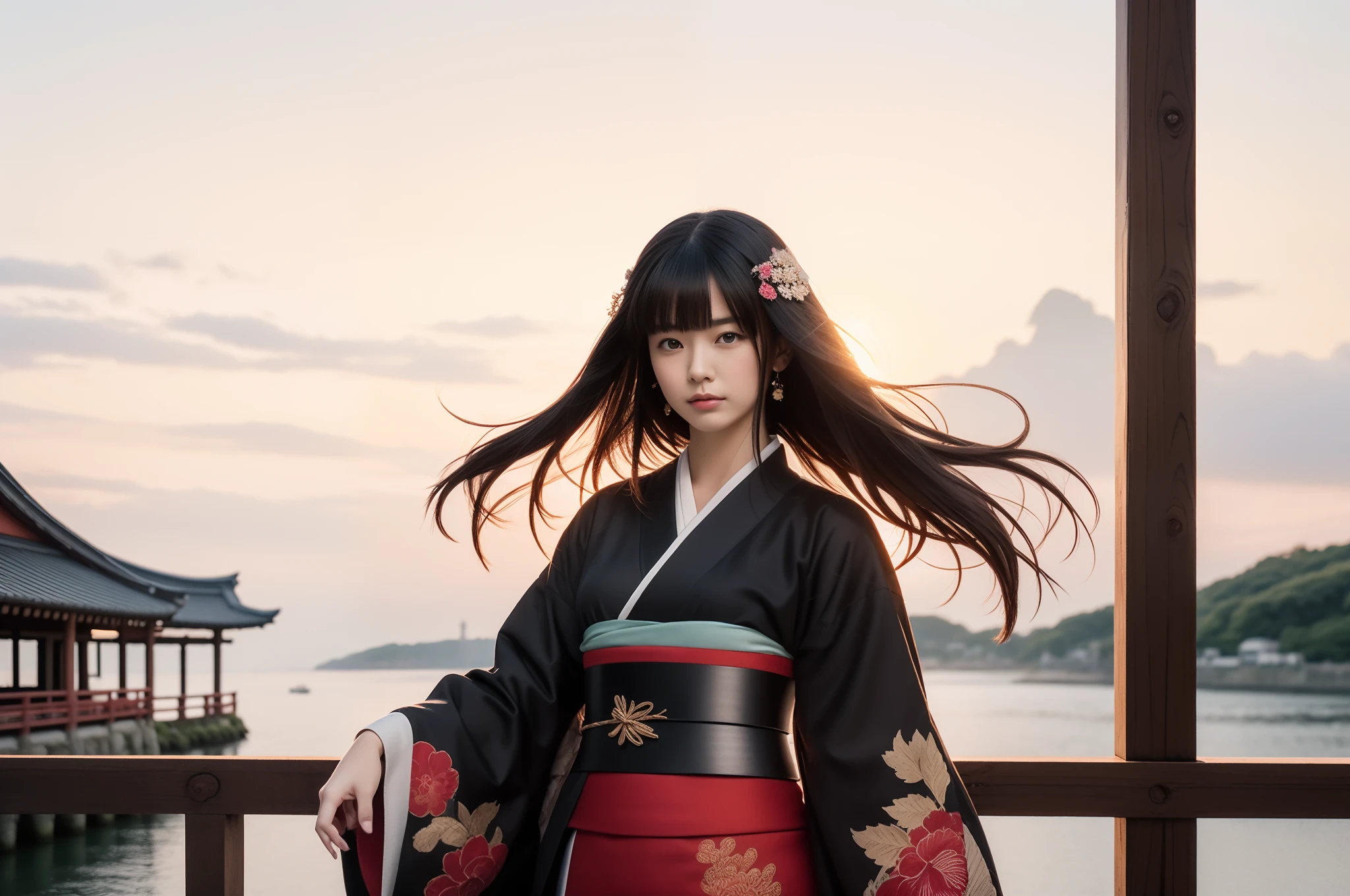masutepiece, Super Detail, High quality, awardwinning, 8K, Photorealistic, girl, Solo, Black hair, Long hair, Wearing a kimono, Detailed face, close up, Portrait Style, Bridge to the island, The bridge is red, in Japan, In the medieval era, Japan Traditional, wood texture