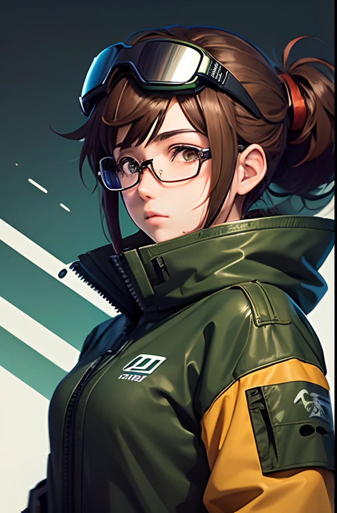 Wearing big futuristic snowboard goggles on his head、an anime girl, Hair color is brown and tied in one, Eye color is reddish brown, Large black-rimmed glasses, Wearing an armygreen colored flight jacket ,Modern anime style, anime style illustration, By Shinkai Makoto ( Apex Legends ), digital anime illustration,