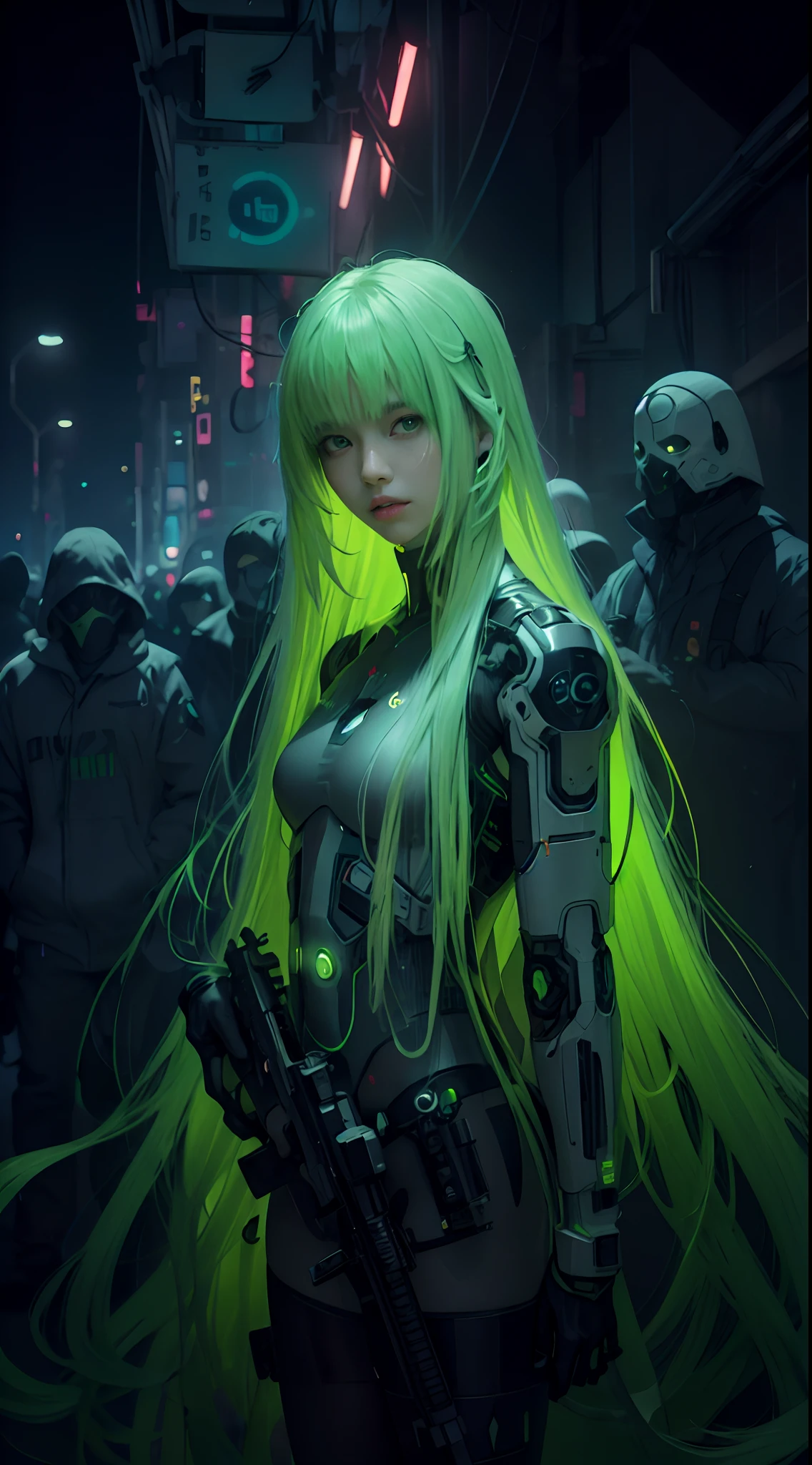 a girl with long hime hair cut, shot gun, sitting on the roof, (Neon lime green) Total AI augmentation android, creepy aesthetic, binary symbols background, futuristic, Ghost In The Shell, Major Mokoto Kusanagi, photorealistic, 35mm film, Canon 5D Mark III, fullbody shot, (masterpiece, high res, high quality, best quality)