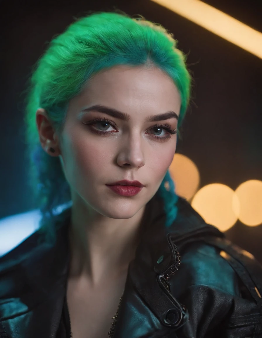 Extreme close-up Beautiful portrait (80s cyberpunk:1.3), Women (Chloe incorporeal SD15), neon, Green hair braids, Lips pressed (serious:1.2) looking (Bright edge-lit edge light:1.2) Netstream athlete jacket ,Deep shadows ,Dramatic ,Camera angle, High-contrast color grading, (A masterpiece:1.2) ,(photo-realistic:1.2), (bokeh:1.2) ,(of the best quality) ,(detailed skin:1.3) ,(Intricate details) ,(8K), (hdr), (cenematic lighting), (sharp focus) ,(80s Dark Fantasy SD15b:1.2)