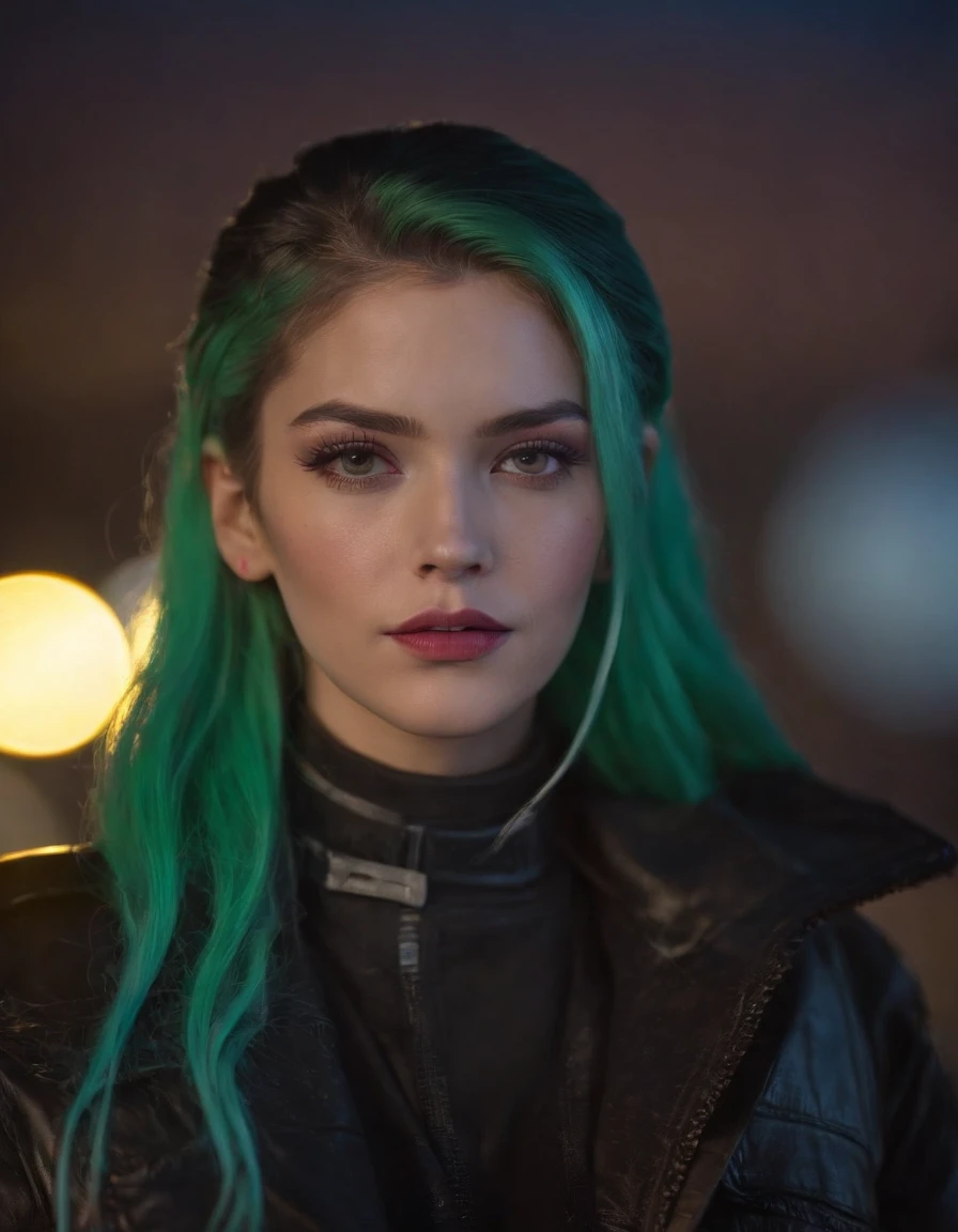 Extreme close-up Beautiful portrait (80s cyberpunk:1.3), Women (Chloe incorporeal SD15), neon, Green hair braids, Lips pressed (serious:1.2) looking (Bright edge-lit edge light:1.2) Netstream athlete jacket ,Deep shadows ,Dramatic ,Camera angle, High-contrast color grading, (A masterpiece:1.2) ,(photo-realistic:1.2), (bokeh:1.2) ,(of the best quality) ,(detailed skin:1.3) ,(Intricate details) ,(8K), (hdr), (cenematic lighting), (sharp focus) ,(80s Dark Fantasy SD15b:1.2)