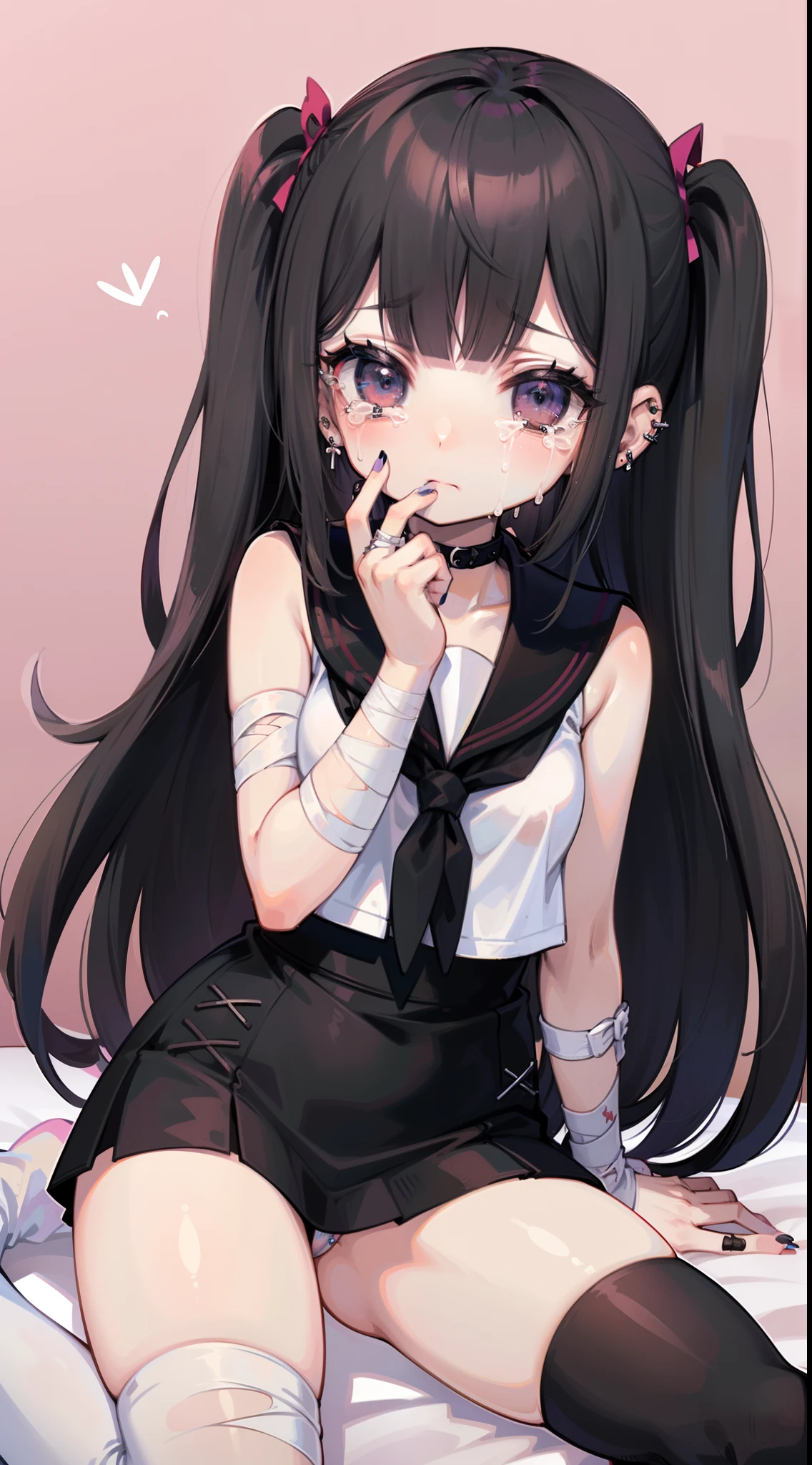 fullbody, 1 girl, floating sitting pose, Perfect Anatomy, White skin, ((Black hair, Twin-tailed, Blunt bangs, Straight bangs, hime-cut)), Black eyes, Empty eyes, Detailed eye drawing, ((sad, tearful, Crying)), pink sailor uniform, Wrist cut, ((Arm bandage)), ((Lots of piercings)), Black Choker, Black collar, ((Black finger nails)), mismatched thigh high stockings, cute purple wings on her back, with bandaids, adhesive bandages, mismatched_legwear, asymmetrical_legwear, menhera, Highly detailed fine art, (finely detailed beautiful eyes and detailed face), delicate portrayal of facial features
