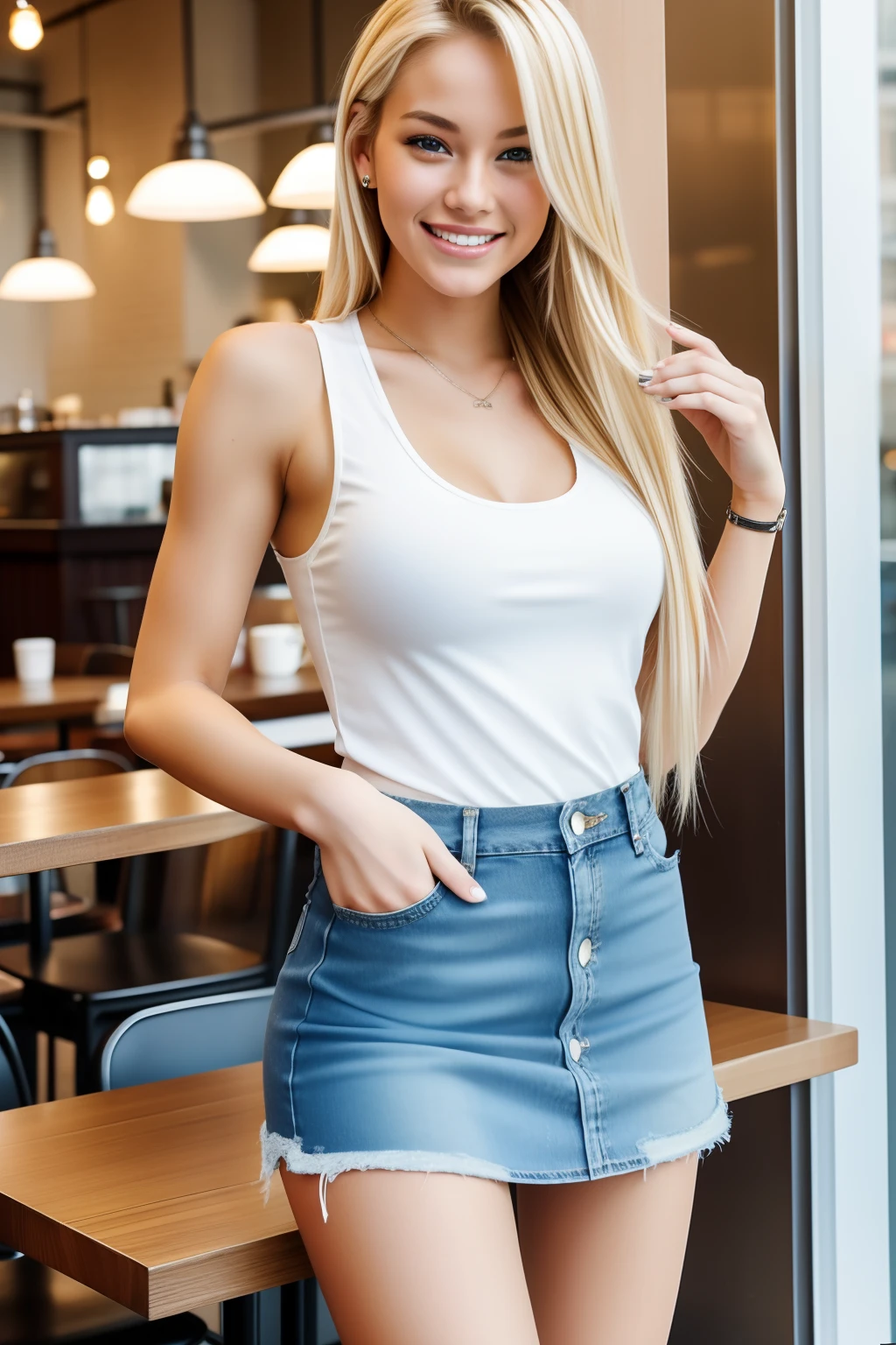 An American woman、blondehair、Female sexy、White tank top、Denim miniskirt、Drink coffee on a café terrace in the city