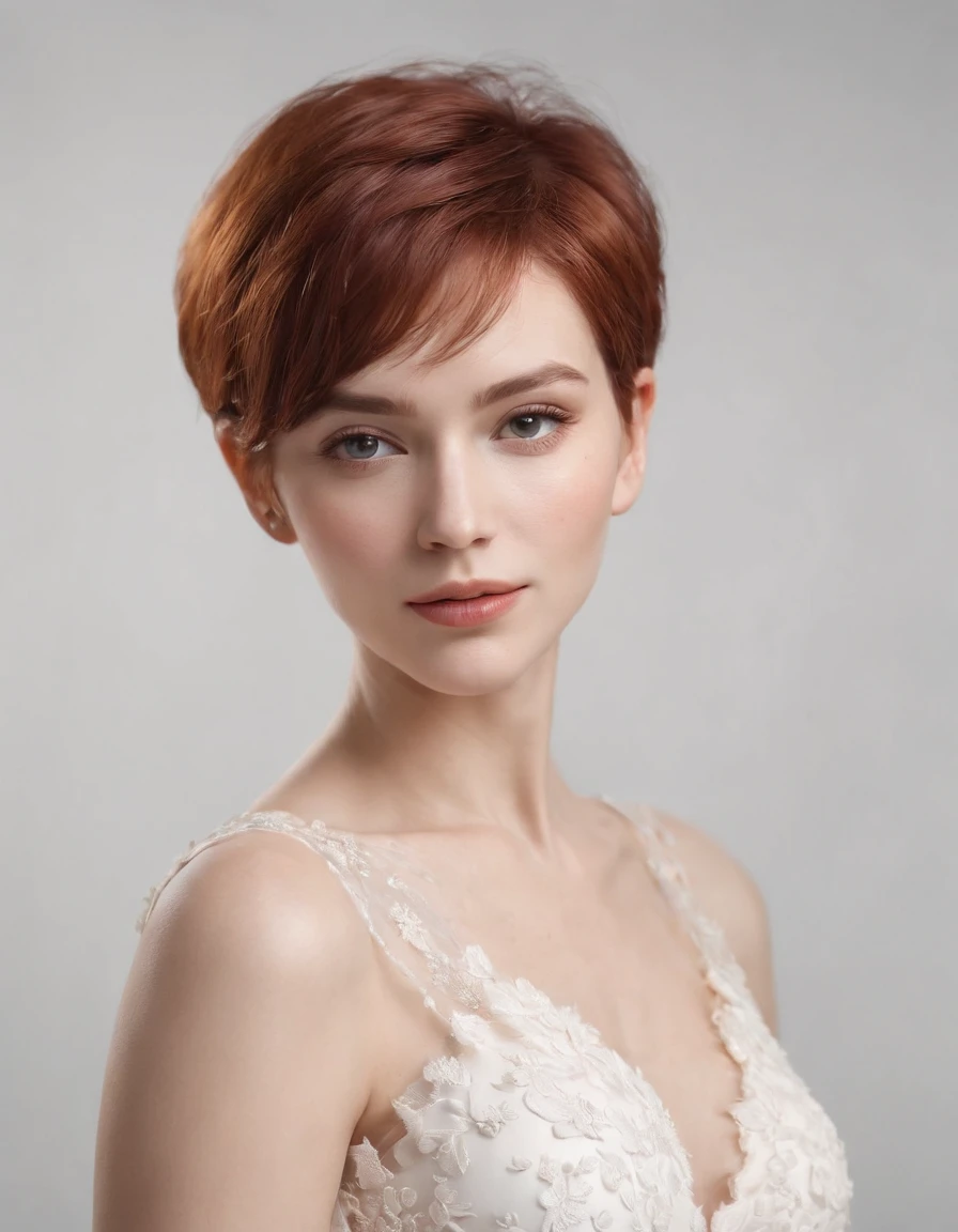 photoshoot of deborahWolf1, (redhair), (short hair cut),detailed skin texture, (blush:0.2), (goosebumps:0.3), (white floral dress), subsurface scattering, Photorealistic, Hyperrealistic, Hyperdetailed, analog style, hip cocked, demure, detailed skin, matte skin, soft lighting, subsurface scattering, realistic, heavy shadow, masterpiece, best quality, ultra realistic, 8k, golden ratio, Intricate, High Detail, film photography, soft focus,upper body