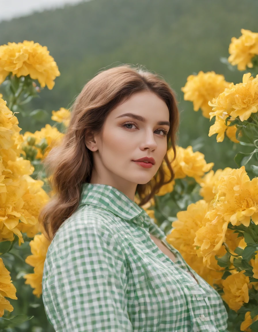 woman wearing white and green retro checkered clothes, yellow flowers on clear sky background, low angle shot, medium shot, high quality photo