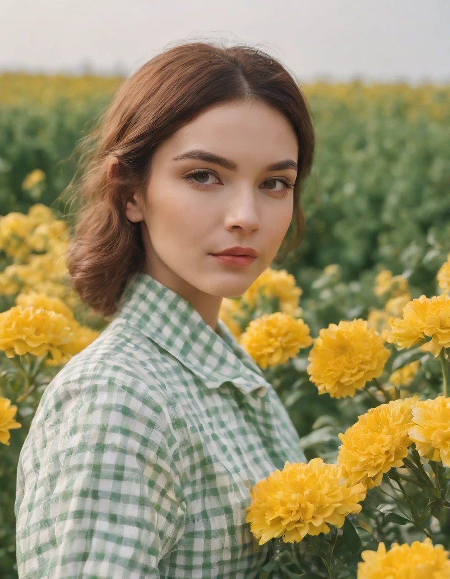 woman wearing white and green retro checkered clothes, yellow flowers on clear sky background, low angle shot, medium shot, high quality photo