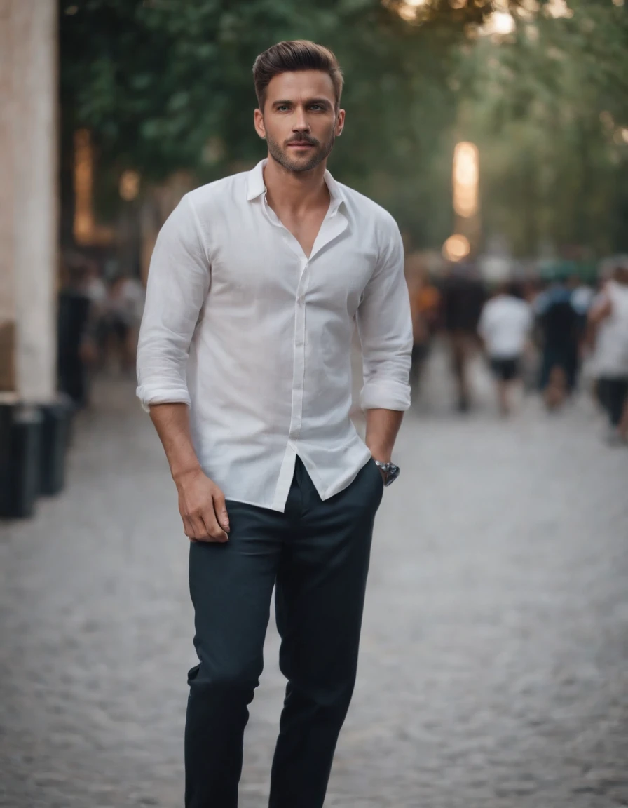 ((man)) wearing short shirt, long pants and sneakers, medium long shot