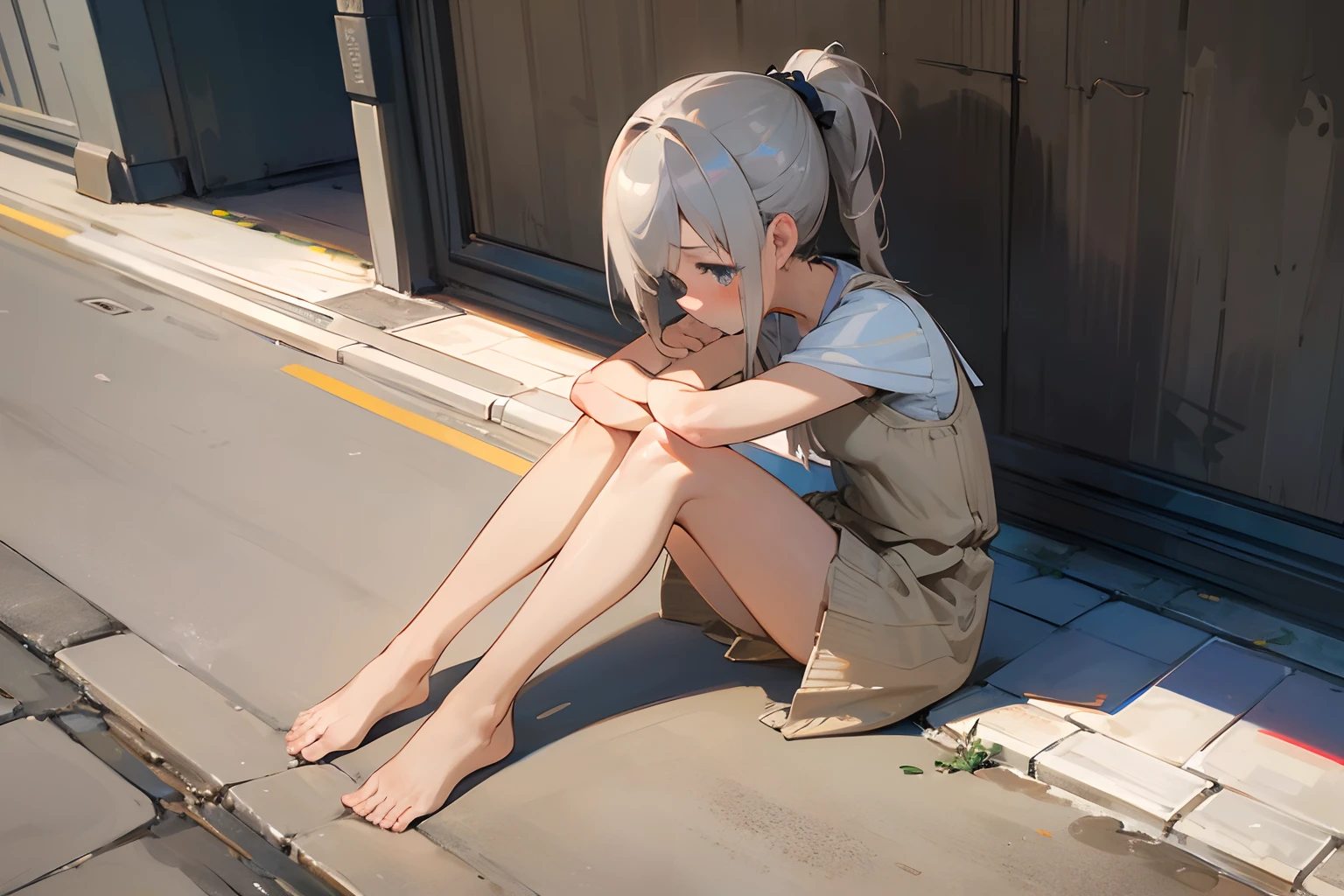 (Textured skin, short ponytail, shy and blush face, Best Quality), ((Masterpiece)), (High Definition:1.3), Beautiful,(Masterpiece), Super detail, Realistic, Beautiful photo, wide-shot, knees on the ground, Dirty street corner、1girl, Slender small breasts, light silver hair、Cute Beautiful Girl、Cute Underwear