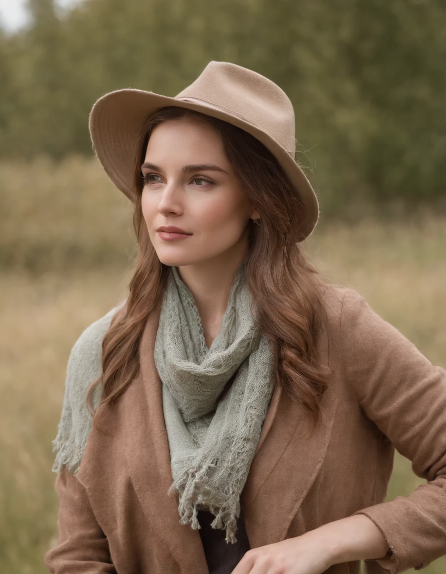 woman in a prairie hat and a scarf leaning on a fence, in the style of calm and meditative, whistlerian, eco-friendly craftsmanship, alex hirsch, strong emotional impact, i can't believe how beautiful this is, pastoral, upper body