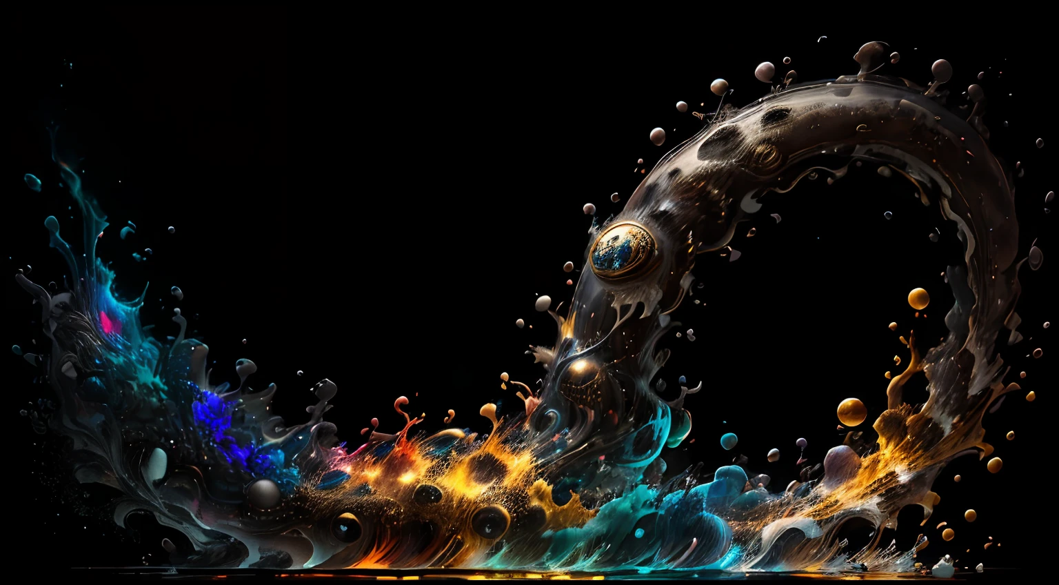 Obra de Arte abstracto en movimiento.Arte de Alberto Severo. Un primer plano de chorros y corrientes de metales preciosos fundidos que chocan entre si y forman , inmensas cantdades de gotas y chorros metalicos de oro, plata, cobre mercurio, que burbujean ,explotan ,remolinean y fluyen y ocupan todo el espacio, nubes de fluidos de colores metalicos dorados, plateados, cobrizos brillantes y tornasolados,burbujas tornasoladas, ,remolinos de gotas tornasoladas que giran y escapan.Crea una fascinante obra de arte abstracta con un enfoque en la fluidez y el movimiento. Utilice una paleta de colores rica y diversa, Blend tones seamlessly to evoke a sense of continuous movement, Background of psychedelic fuids in motion. Arte de los fluidos en movimiento
