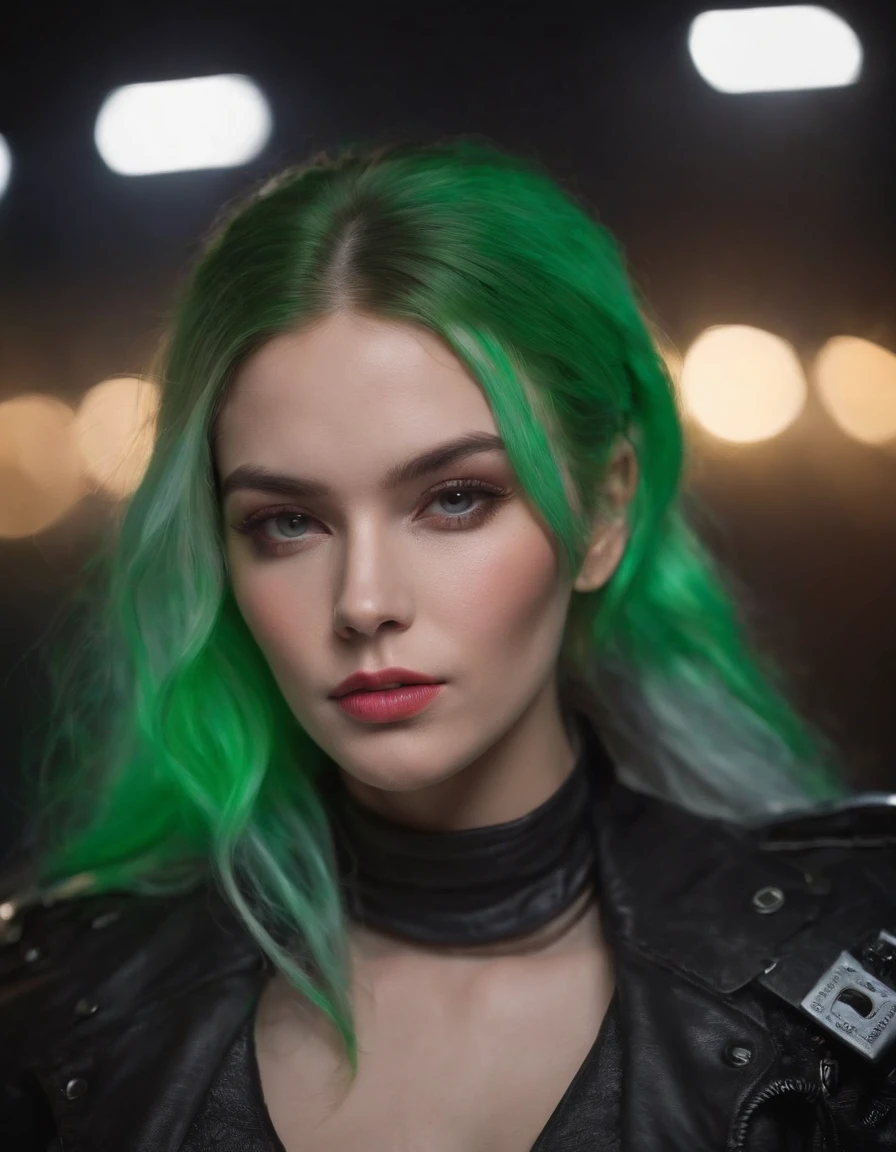 Extreme close-up Beautiful portrait (80s cyberpunk:1.3), Women (Chloe Invisible SD15), neonlight, Green braids, Lips pressed tightly (Serious:1.2) Looking (bright side light rim light:1.2) Netstream athlete jacket ,Deep shadows ,Dramatic ,Camera angle, high contrast color grading, (A masterpiece:1.2) ,(photo-realistic:1.2), (Bokeh:1.2) ,(Best quality at best) ,(Detailed skin:1.3) ,(Intricate details) ,(8K), (hdr), (cinmatic lighting), (Sharp focus) ,(80sDarkFantasySD15b:1.2),tightsuit,Cocked buttocks