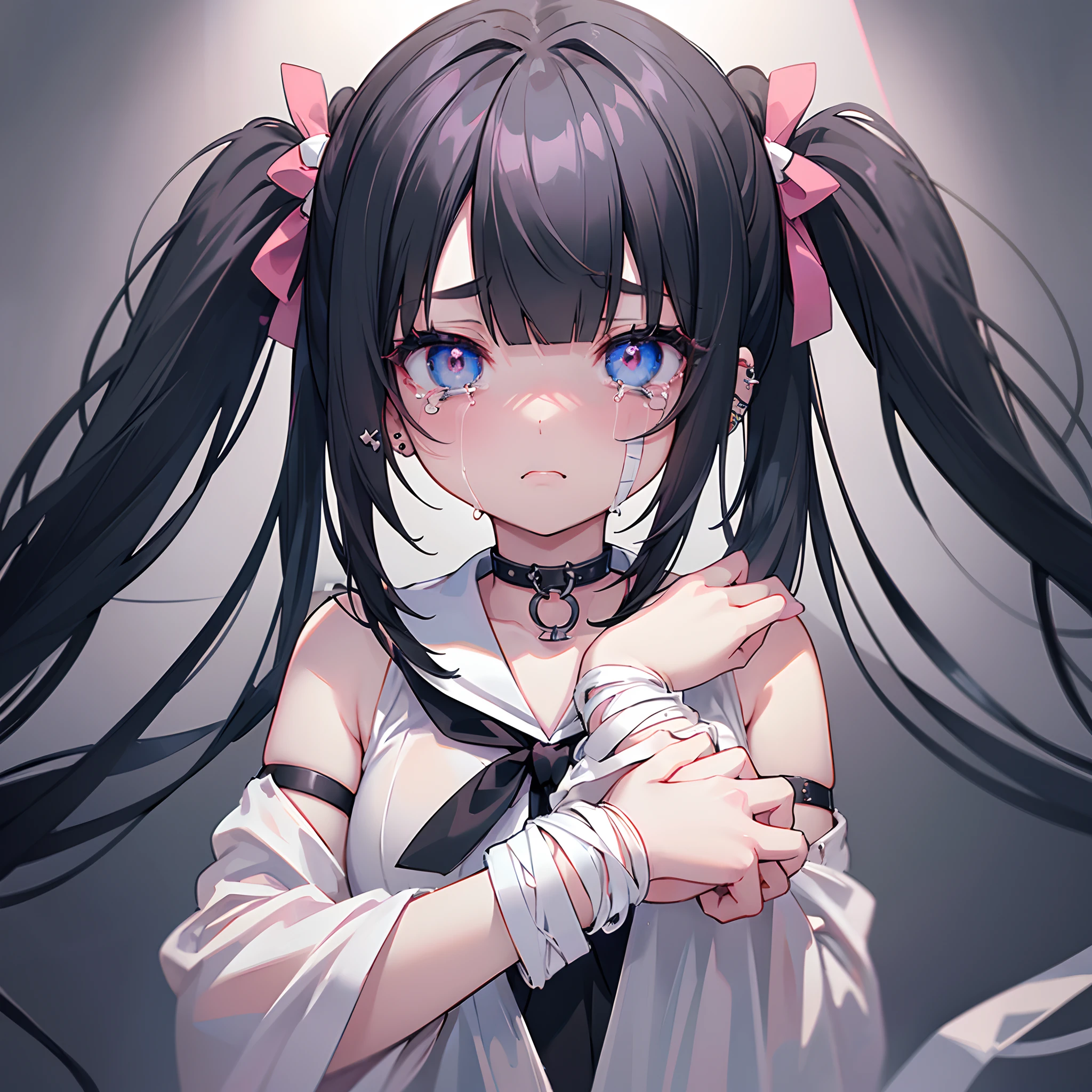 masterpiece, best quality, high quality, 1 girl, looking at viewer, close up, face focus, perfect anatomy, white skin, ((black hair, twin-tails, blunt bangs, straight bangs, hime cut)), black eyes, empty eyes, Detailed eye drawing, , ((sad, tearful, crying)), pink sailor uniform, half sleeves, pink sailor collar, wrist cut, ((bandages on the arms)), ((lots of piercings)), black choker, black collar, ((black nails)), {{{{menhera}}}}, horror, highly detailed fine art, (finely detailed beautiful eyes and detailed face), delicate depiction of facial features, horror-esque, dramatic composition, cinematic lighting, The darkness embraces the room