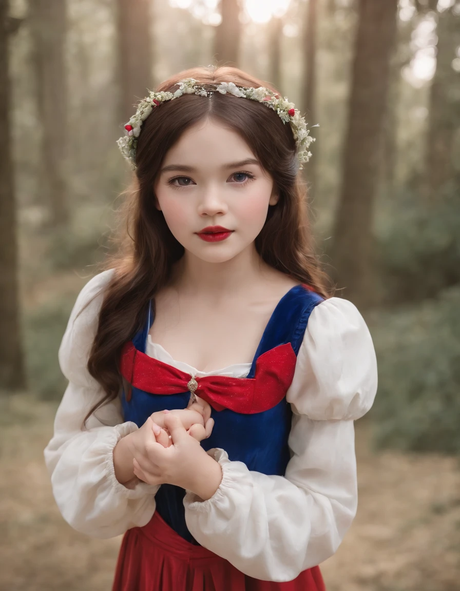 (child), (Snow White cos:1.3), little child, upper body, Little blue and red dress, Ultra photo realsisim, Realistic, best quality real texture skin,cute true circle Symmetrical eyes, cute face, medieval world, epic realistic, Cinematic