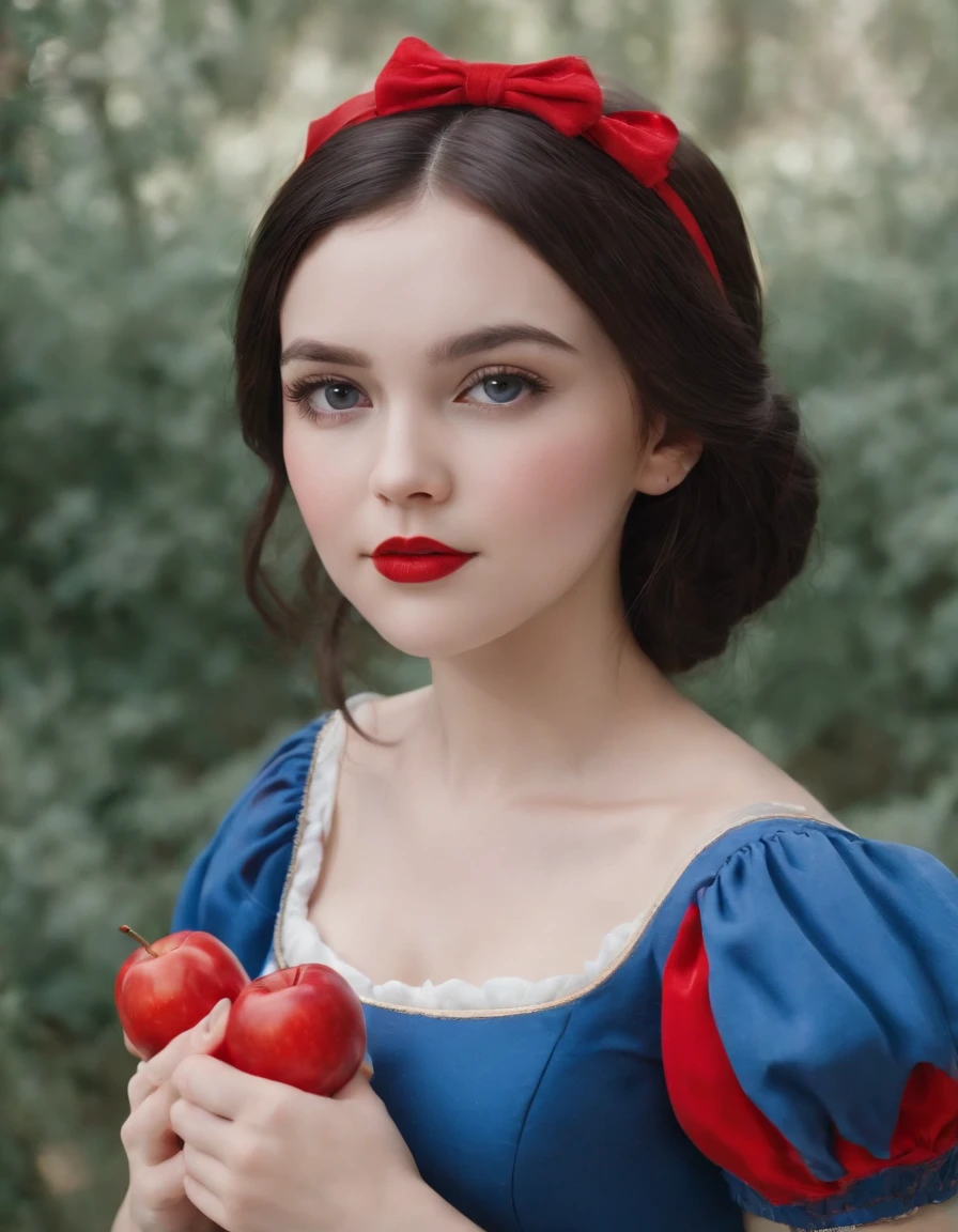 ), (Snow White cos:1.3), littr body, Little blue and red dress, Ultra photo realsisim, Realistic, best quality real texture skin,cute true circle Symmetrical eyes, cute face, medieval world, epic realistic, Cinematic