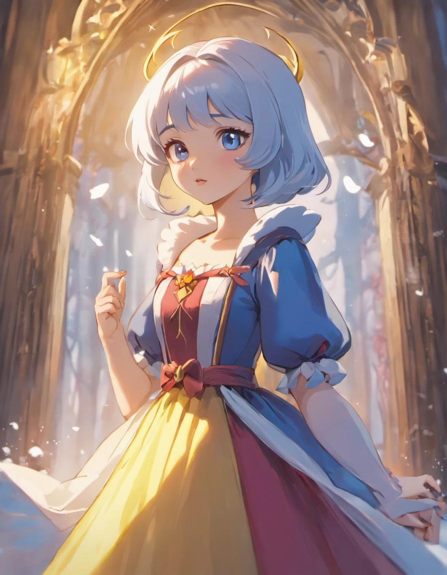 (child), (Snow White cos:1.3), little child, upper body, Little blue and red dress, Ultra photo realsisim, Realistic, best quality real texture skin,cute true circle Symmetrical eyes, cute face, medieval world, epic realistic, Cinematic