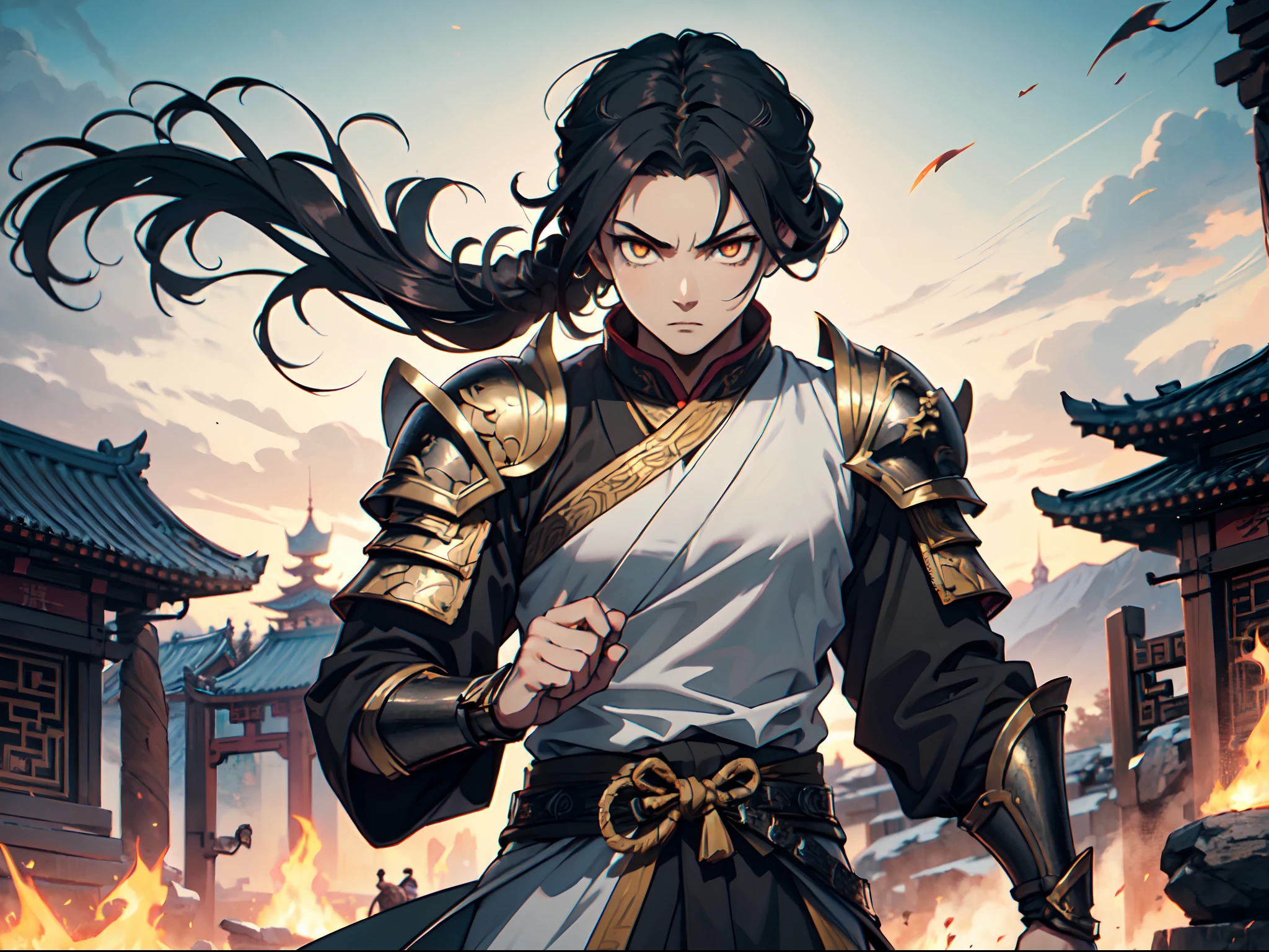 Ultra High Definition, Ultra High Quality, Extremely Detailed, Perfectly Detailed, Masterpiece, 8k, 1 Boy, Look A Like Xin From Kingdom Anime, Handsome, Armored With Chinese Emperor Armor, Solid Pure Black And Orange Pupil Eyes, Black Long Hair Tied, Perfectly Detailed Mythical Sword In Hands, Full Body Shot, Kung Fu Stance, Ancient Kingdom Background