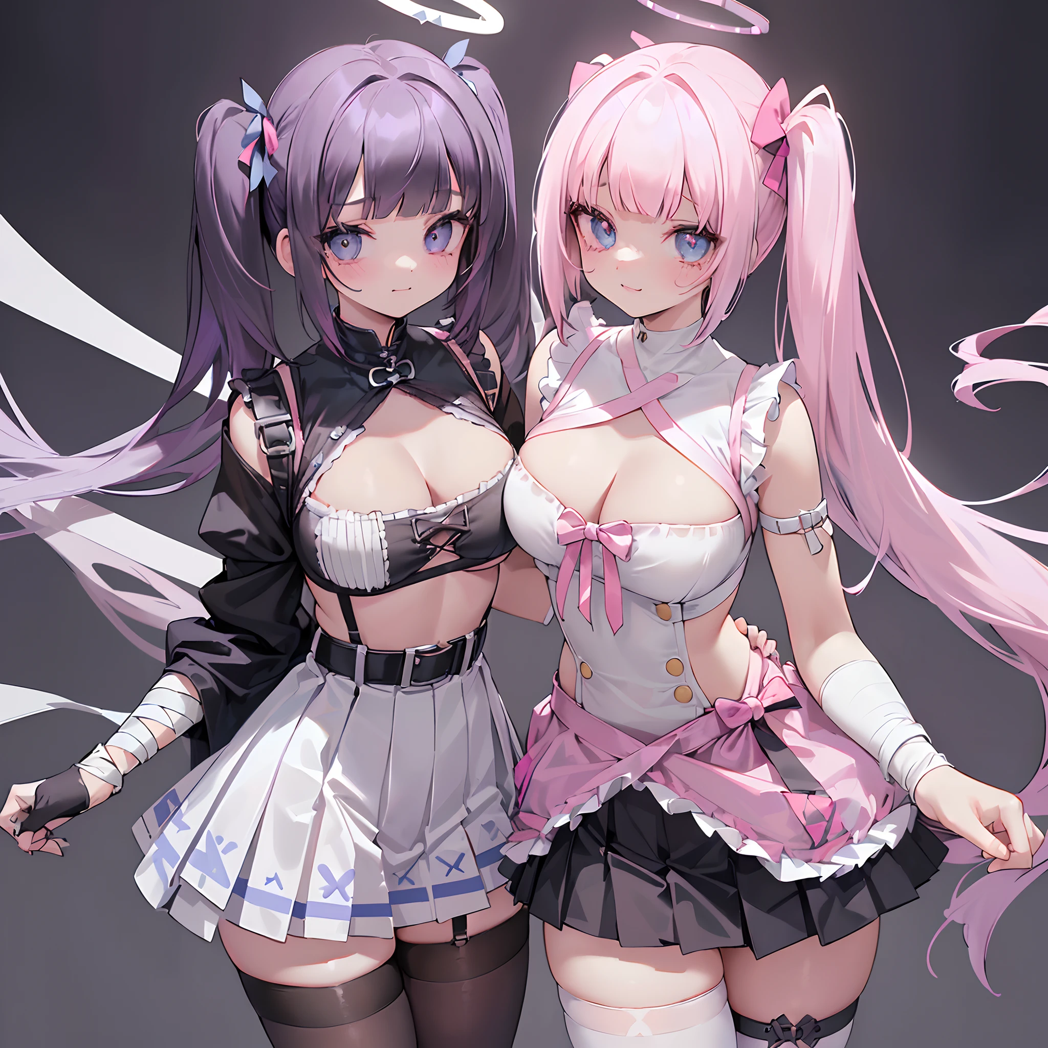 girls Love, ((2 girls)), Two girls in love with each other, Sexy girls, embarassed face, abdominals, Cute atmosphere, Stylish, Luxurious, ((Girl 1, ((pink halo,)) purple hair, ((messy Hair)), (((Unkempt hair))), ((big sized twin tails)), ((blunt bangs)), big black hair bow, big smile, white goth tight sweater with boob window, black harness on chest, chest harness, belt on chest, long black nails, fashion (((pink skirt))), the skirt is light pink, mismatched thigh high stockings, cute purple wings on her back, with bandaids, adhesive bandages, cleavage_cutout, mismatched_legwear, asymmetrical_legwear, menhera)), ((Girl 2, ((blue halo,)) white hair, ((blunt bangs, straight bangs)), ((short hair)), ((hime cut)), ((bob cut hair)), ((side little ponytail)), sad, sniffle, white jersey, white tracksuit, light blue harness on chest, chest harness, belt on chest, black fingernails, fashion (((white skirt))), the skirt is white, mismatched thigh high stockings, cute blue wings on her back, with bandaids, adhesive bandages, cleavage_cutout, mismatched_legwear, asymmetrical_legwear, menhera)), Highly detailed fine art, (finely detailed beautiful eyes and detailed face), delicate portrayal of facial features, Detailed Metal Jewelry, dramatic compositions, Cinematic lighting