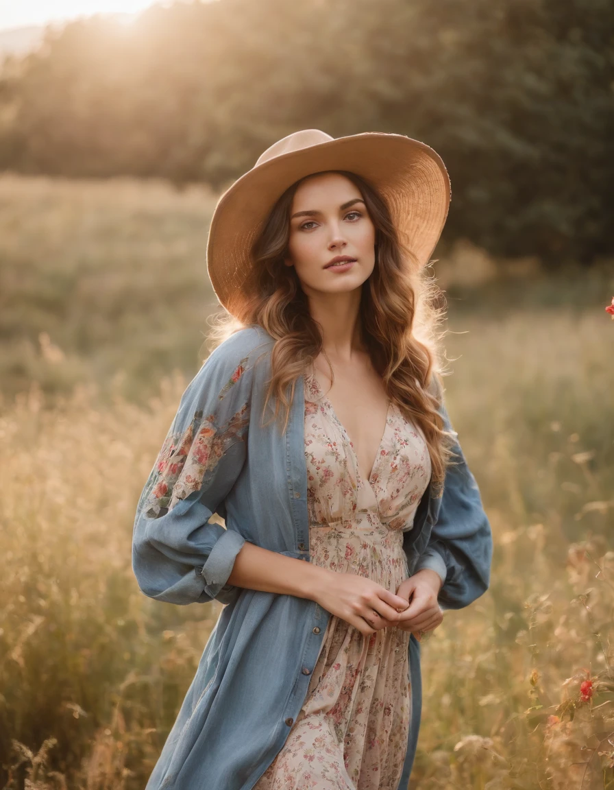 an up close photo of a young woman dressed in bohemian-inspired fashion, wearing a flowy maxi dress with floral prints, layered with a denim jacket and accessorized with a floppy hat and vintage accessories, Her hair is styled in loose waves or natural curls, The setting is a sunlit park or meadow, with long grass and wildflowers, creating a nostalgic and dreamy atmosphere((upper body))