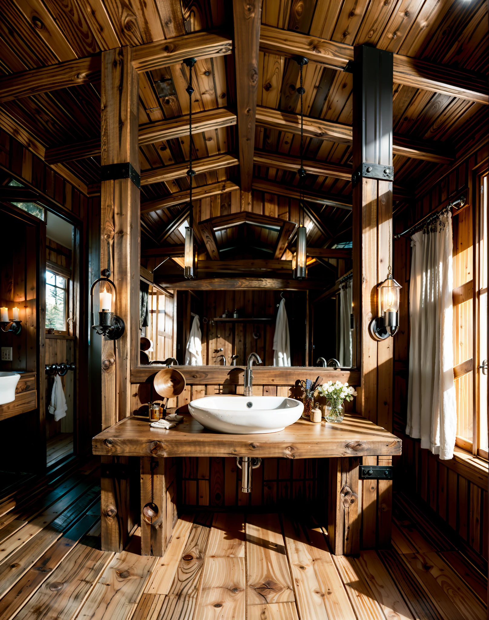 there is a bathroom with a sink and a large mirror, luxurious wooden cottage, chalet, wooden interior, by Werner Andermatt, rustic, wood accents, rendered in corona, detailed surroundings, unreal engine 5 highly rendered, wooden toilets, unreal 5 engine highlly render, in style of kyrill kotashev, wide shot of a cabin interior