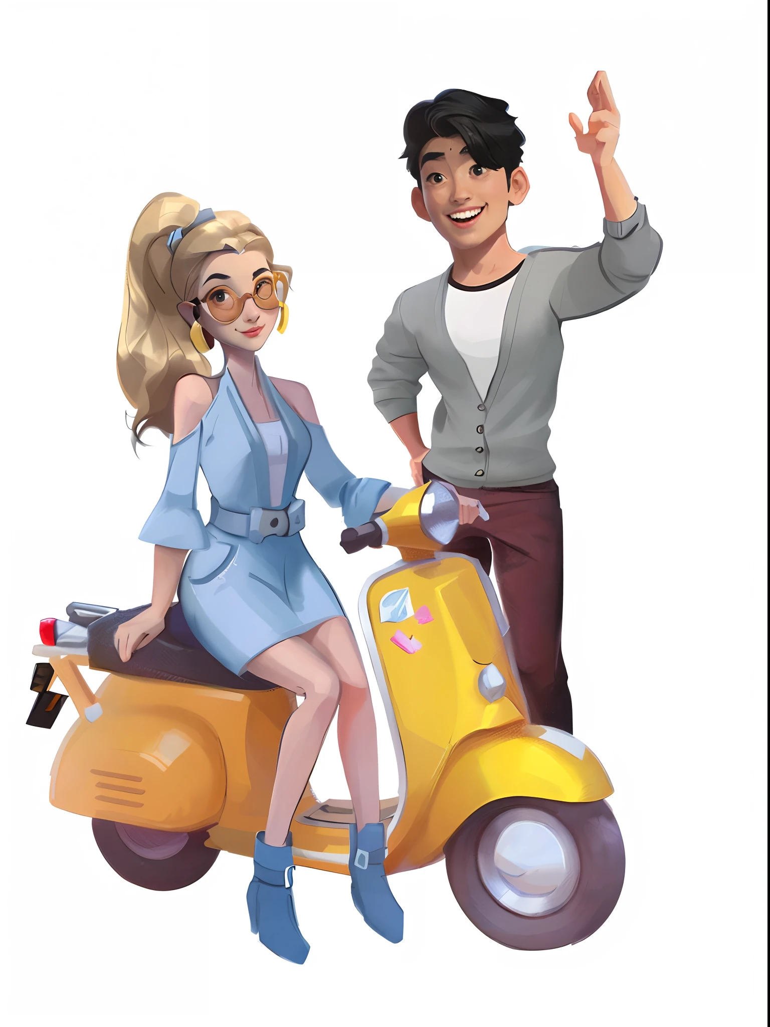Woman sitting on scooter, The man behind waved,telegraph stickers, Cartoon style illustration, Guviz-style artwork, Cartoon Art Style, Cartoon Art Style, rob rey and kentarõ miura style, Artgerm and Atey Ghailan, telegraph stickers design, official fanart, promo art, overwatch style, promotional art