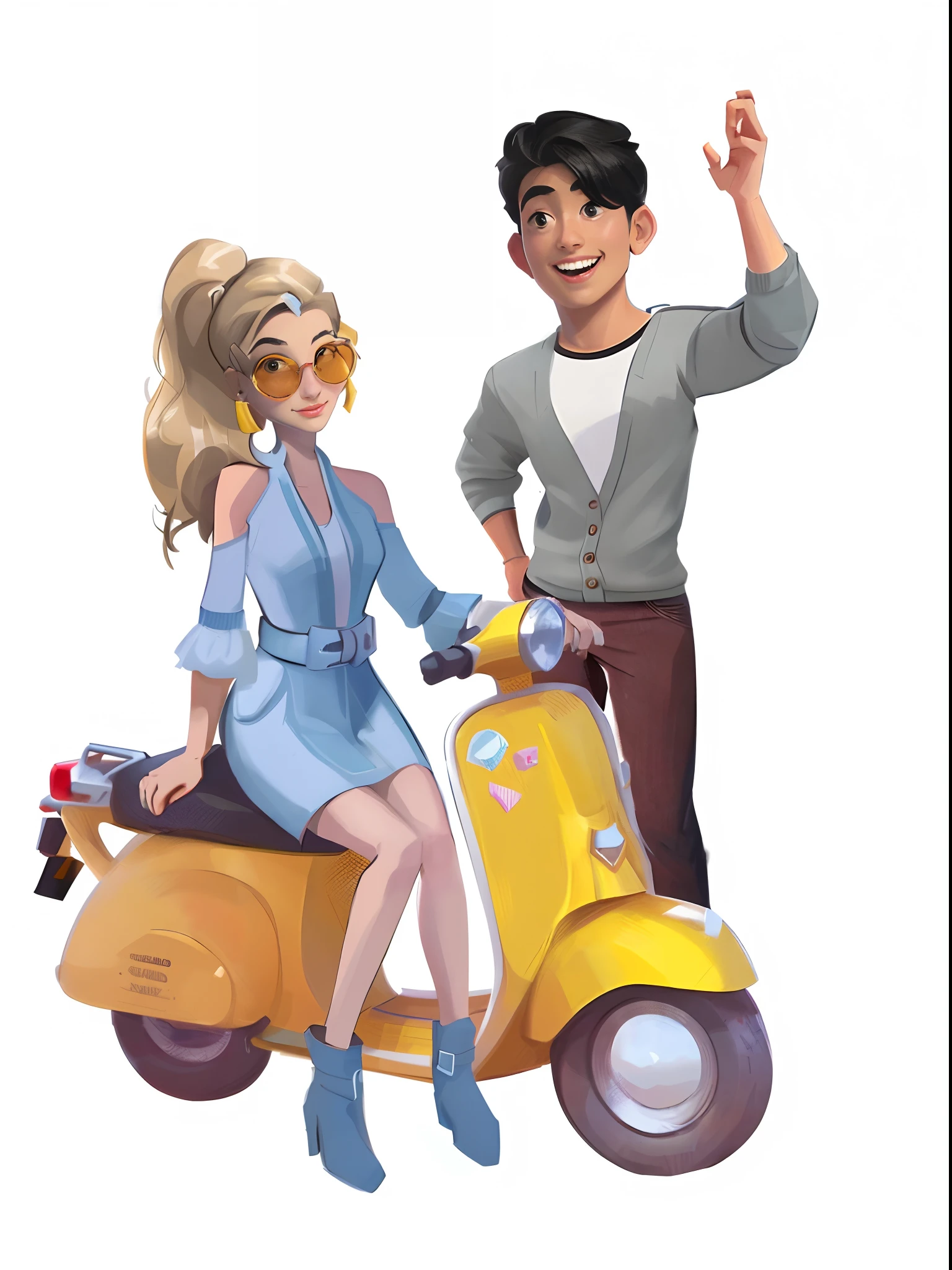 Woman sitting on scooter, The man behind waved,telegraph stickers, Cartoon style illustration, Guviz-style artwork, Cartoon Art Style, Cartoon Art Style, rob rey and kentarõ miura style, Artgerm and Atey Ghailan, telegraph stickers design, official fanart, promo art, overwatch style, promotional art