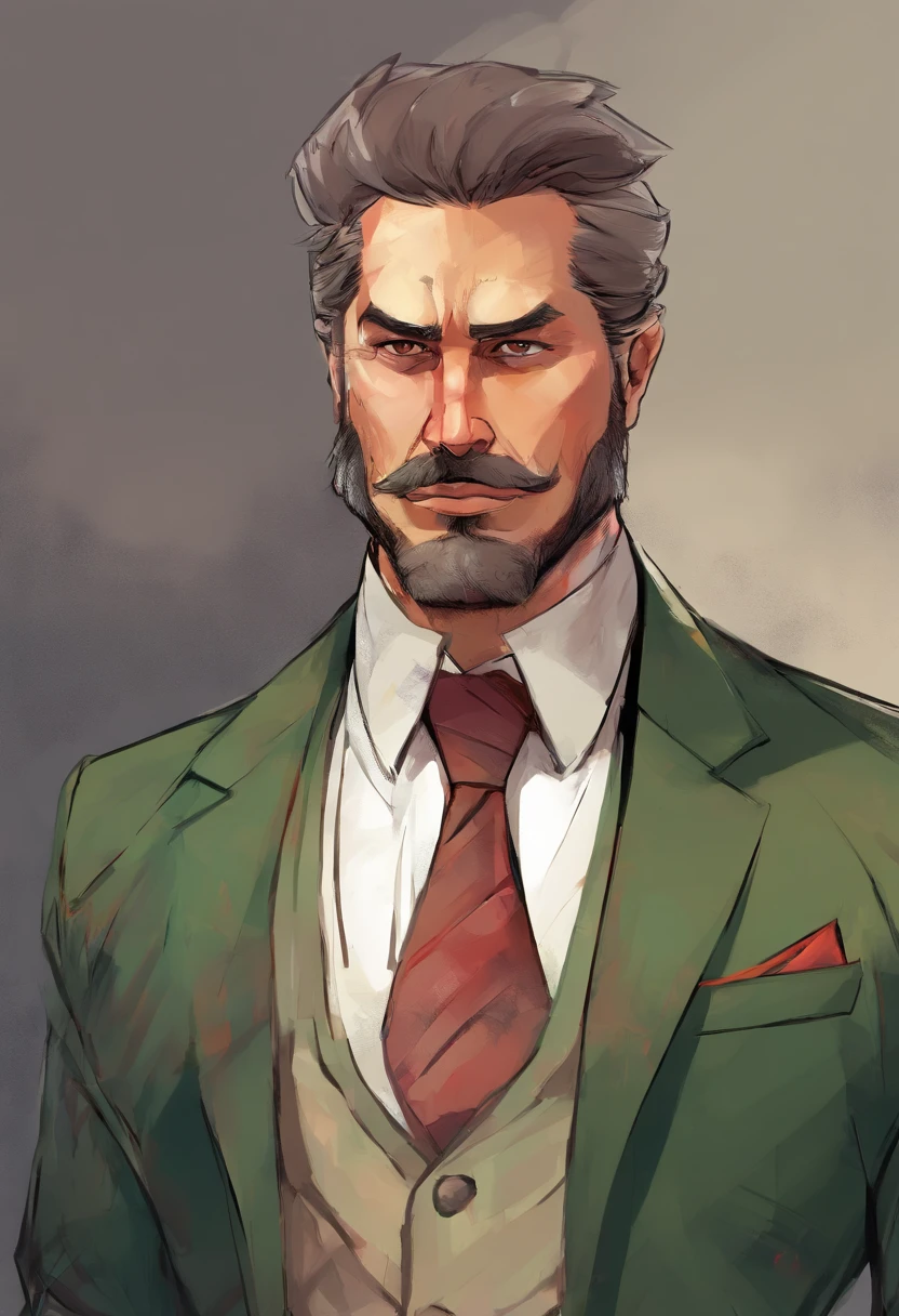 Middle-age male, short mullet, mutton chops, nose is red and bulbous, obese, strong arms, long thin legs, green suede blazer, light brown trousers, white shirt, rainbow necktie, (masterpiece), best quality, expressive eyes, perfect face