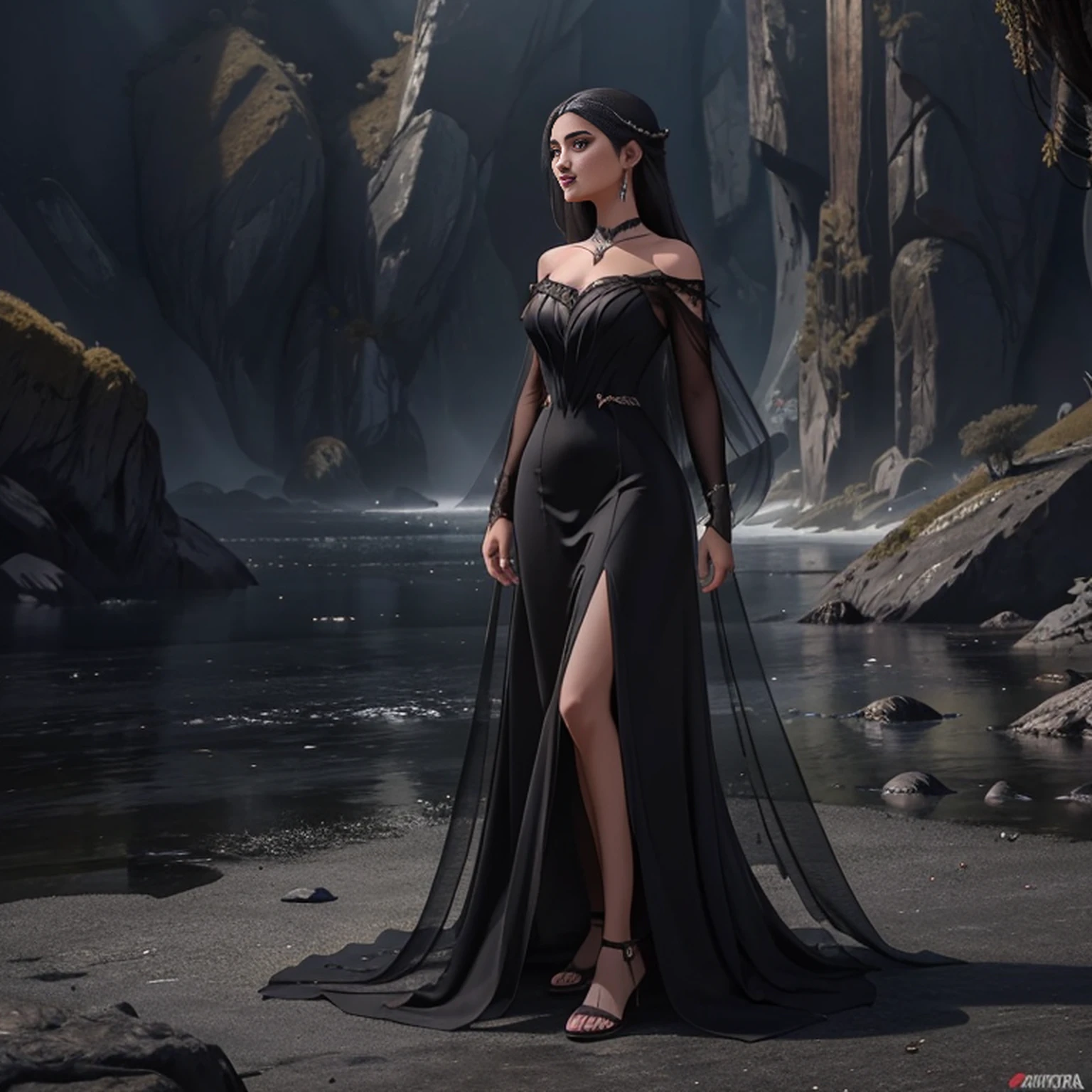 there is a woman in a black dress standing on a rock, Garota Anime usando um vestido preto, fantasy style clothing, vestido longo preto escuro, an elegant gothic princess, Xianxia de corpo inteiro, Sha Xi, uma mulher elegante no vestido preto, por Yang J, wearing a gothic dress, linda senhora, vestido preto escuro, flowing black gown, usando roupas formais de fantasia