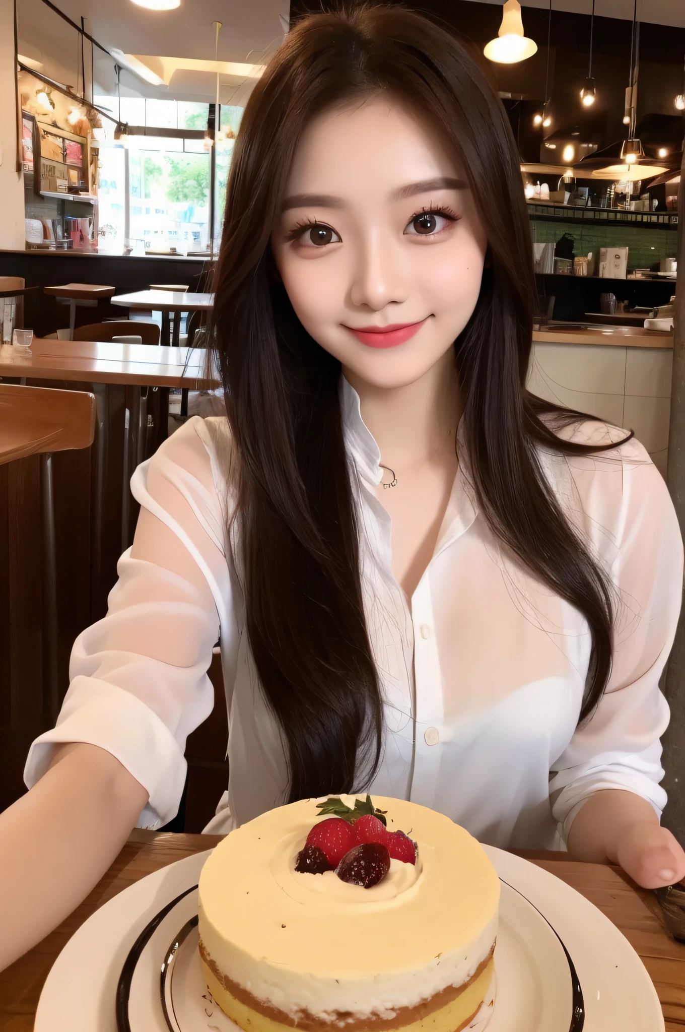 1 Malaysia Chinese girl, Light make up, pretty, 23years old, beautiful eyes, nature, fashion, in cafe selfie with cake 2pm, smile