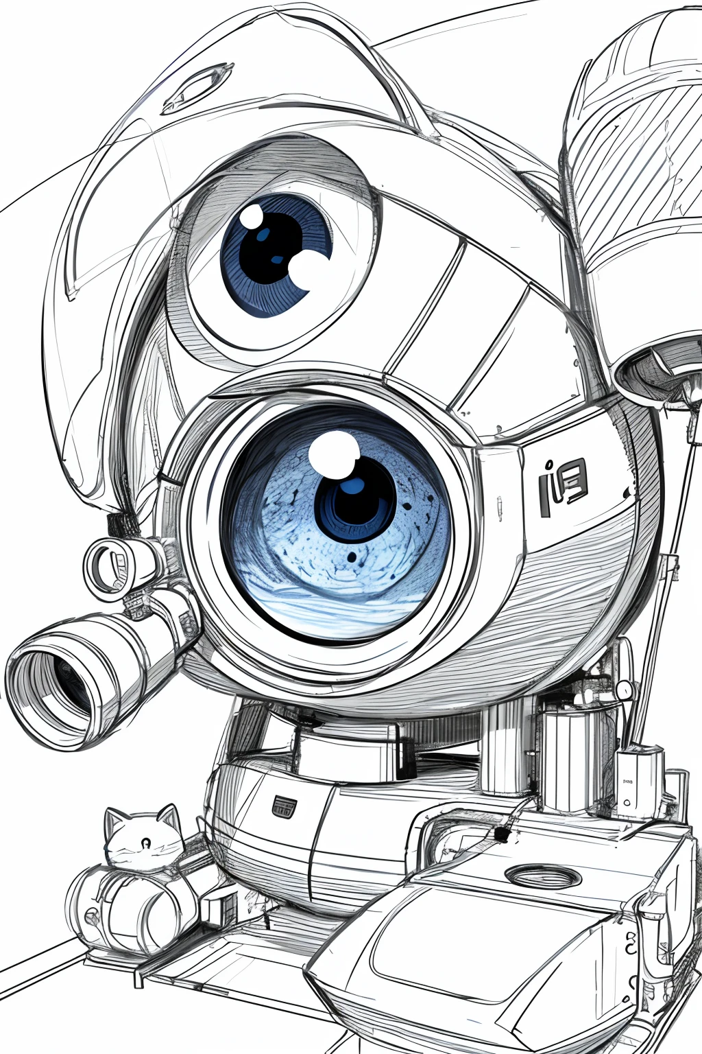 tmasterpiece, Need，Big Eye Robot Cat IP，Wear a telescope，, White background, Mono Color, Line drawings, ((Sketch))