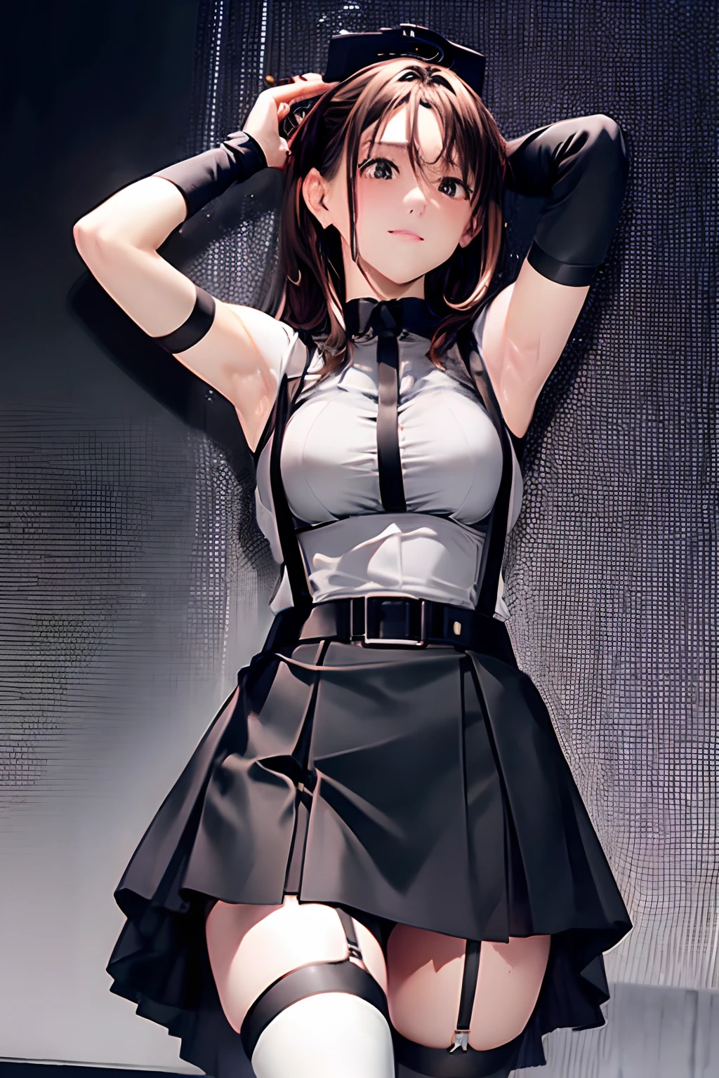 Black skirt, suspenders, Brown hair Gray eyes, Garter belt on the legs, Tight black clothes, a belt Armpit sweat Dark look Moderately breasts holster chain poneyTail Water wetting