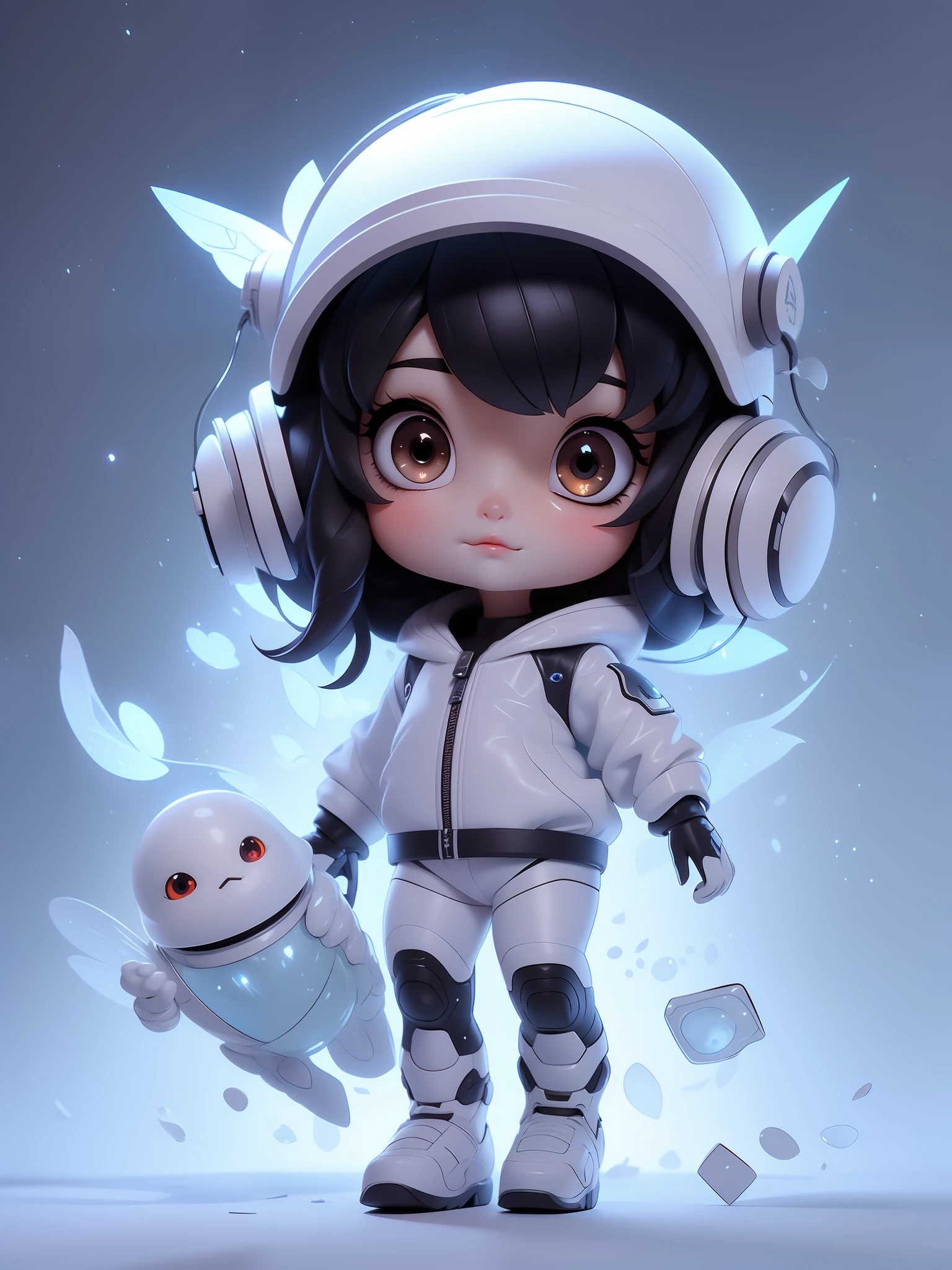 fully body photo，Beautiful female alien，Small and cute，Wearing a black and white mech ，Big cute eyes，dreamy glow，Ren，White background，globalillumination，Ray traching，hdr，The rendering is not realistic，reasonable design，high detal，tmasterpiece，Best quality at best，hyper HD，cinmatic lighting），Translucent ethereal aliens