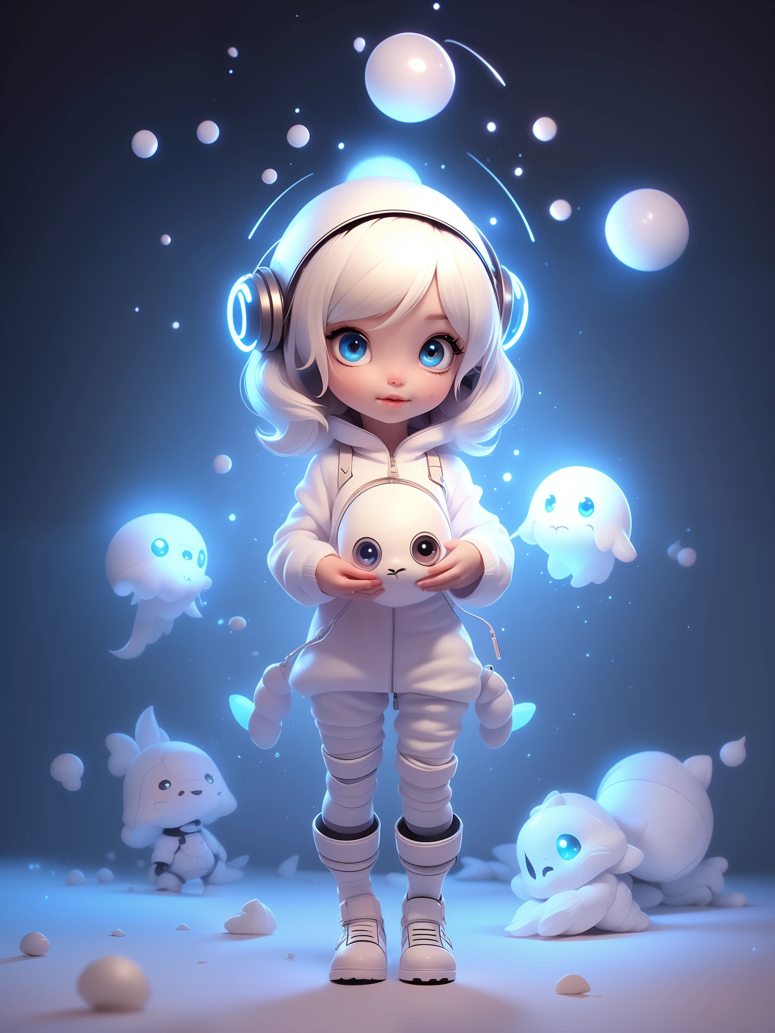 fully body photo，Beautiful female alien，Small and cute，Wearing a black and white mech ，Big cute eyes，dreamy glow，Ren，White background，globalillumination，Ray traching，hdr，The rendering is not realistic，reasonable design，high detal，tmasterpiece，Best quality at best，hyper HD，cinmatic lighting），Translucent ethereal aliens