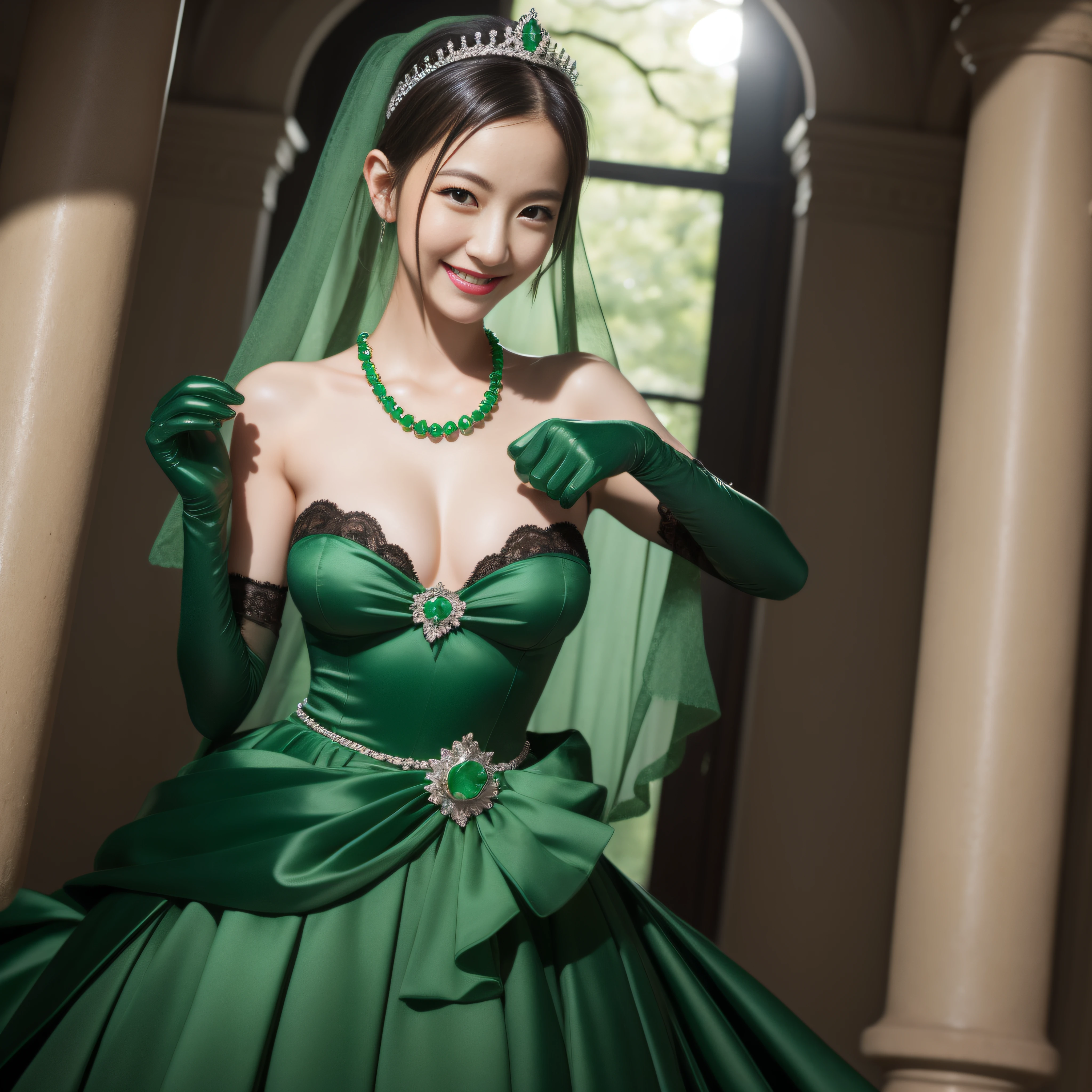 emerald tiara, Green Pearl Necklace, Boyish very short black hair, lipsticks, Japan woman smiling, Long green gloves made of satin material, very short short hair, Guts Pose, Green eyes, big breasts beautiful