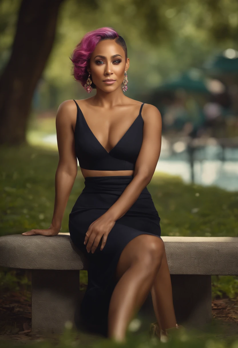 jada pinkett smith photorealistic, ultra realistic,3D, artstation, cgsociety, 8 k, award winning photography of a beautiful woman sitting on a bench at the park, (fashion), (multi color hair:1.2), cheekbones, detailed face, Bejeweled, curvy, no clothing on, (see-through)) top, frill skirt colorful, vibrant, double eyelid,(Gigantic breast:1.5)