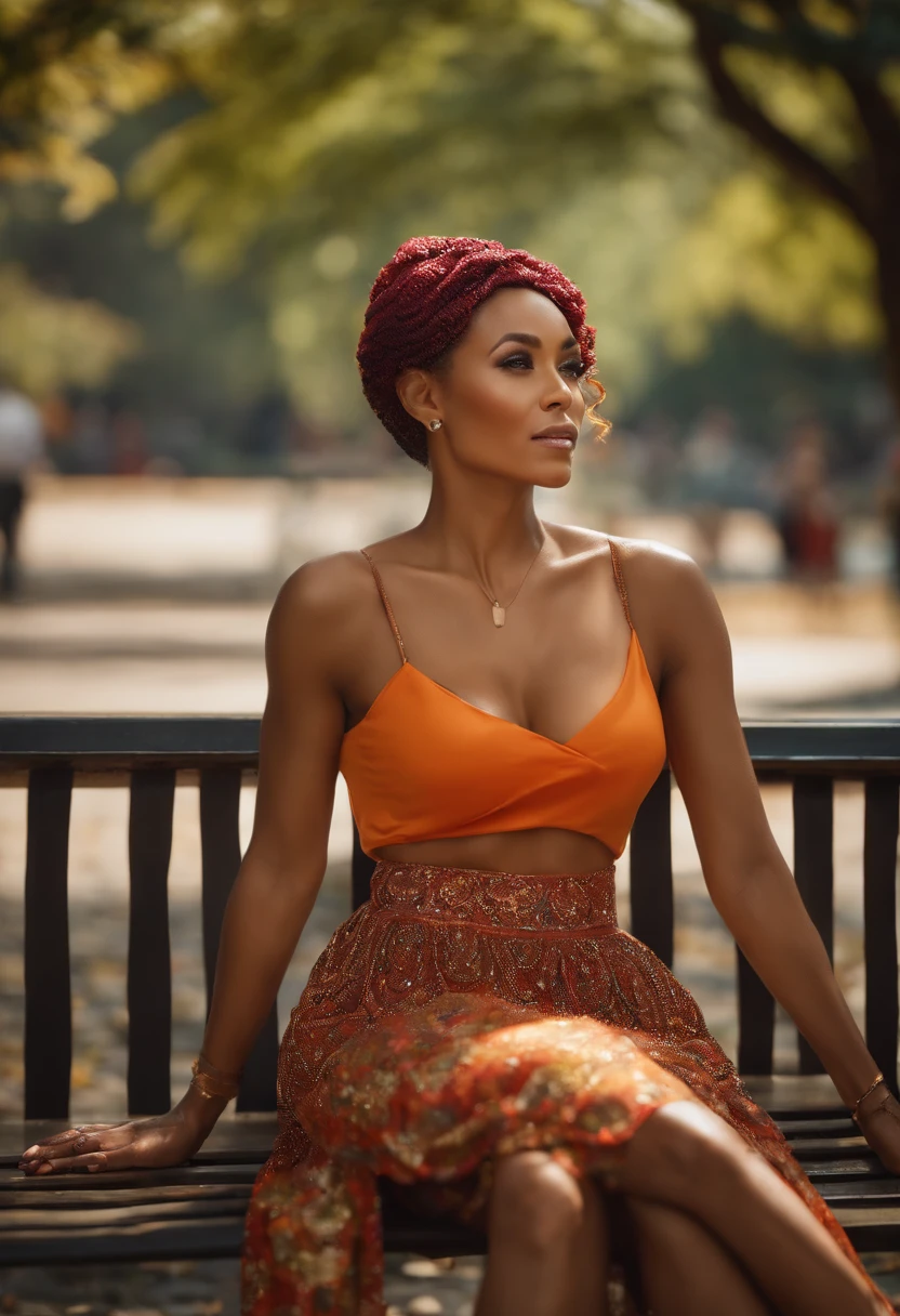 jada pinkett smith photorealistic, ultra realistic,3D, artstation, cgsociety, 8 k, award winning photography of a beautiful woman sitting on a bench at the park, (fashion), (multi color hair:1.2), cheekbones, detailed face, Bejeweled, curvy, no clothing on, (see-through)) top, frill skirt colorful, vibrant, double eyelid,(Gigantic breast:1.5)