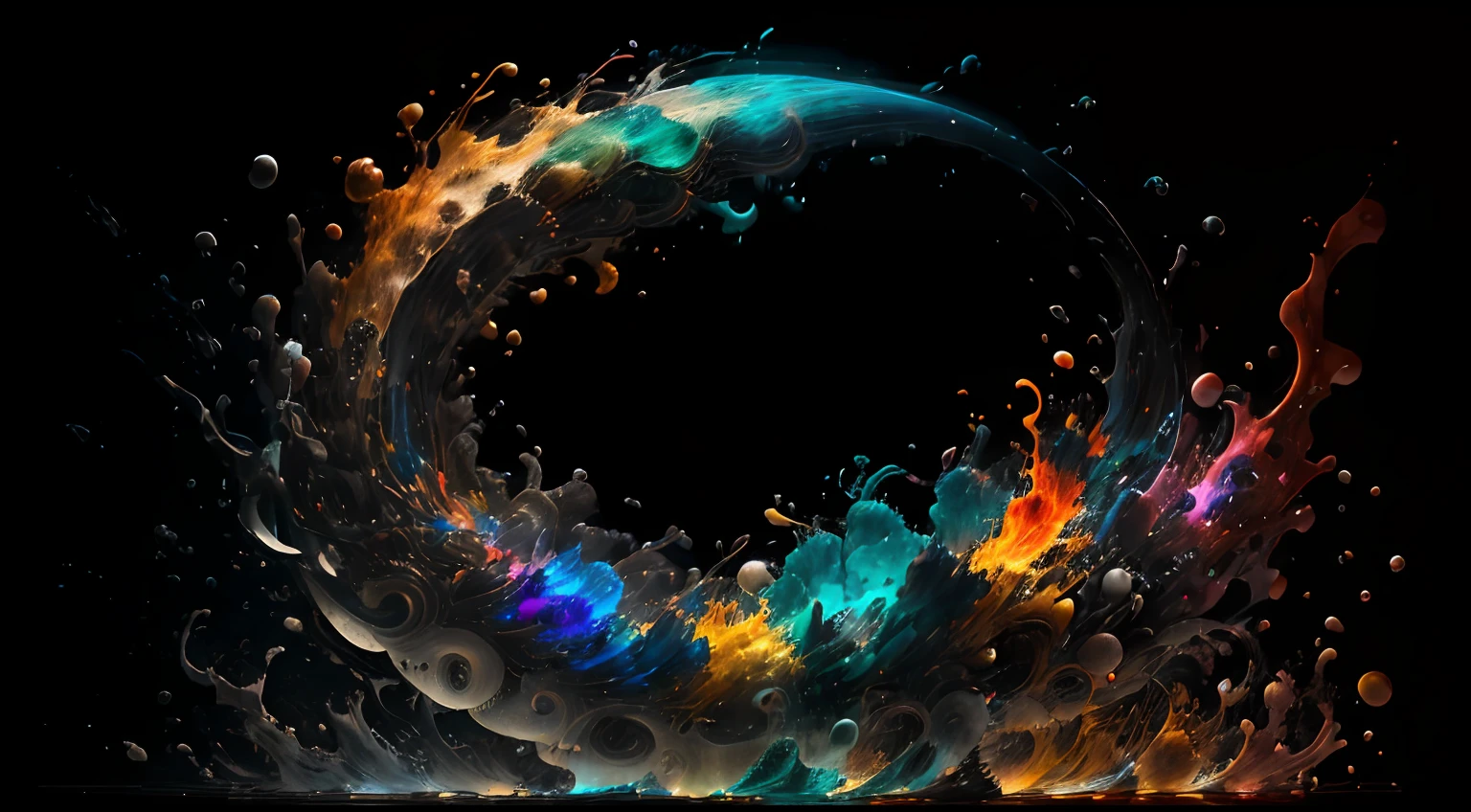 Obra de Arte abstracto en movimiento.Arte de Alberto Severo. Un primer plano de chorros y corrientes de metales preciosos fundidos que chocan entre si y forman , inmensas cantdades de gotas y chorros metalicos de oro, plata, cobre mercurio, que burbujean ,explotan ,remolinean y fluyen y ocupan todo el espacio, nubes de fluidos de colores metalicos dorados, plateados, cobrizos brillantes y tornasolados,burbujas tornasoladas, ,remolinos de gotas tornasoladas que giran y escapan.Crea una fascinante obra de arte abstracta con un enfoque en la fluidez y el movimiento. Utilice una paleta de colores rica y diversa, Blend tones seamlessly to evoke a sense of continuous movement, Background of psychedelic fuids in motion. Arte de los fluidos en movimiento