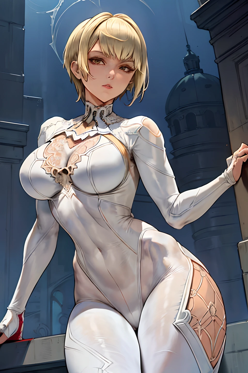 18-year-old girl, White Spider-Man Costume, short blunt hair, blonde woman, beatiful face, Sateen, roof, tmasterpiece, intricate detials, perfect anatomy, (((Fully lace suit)))