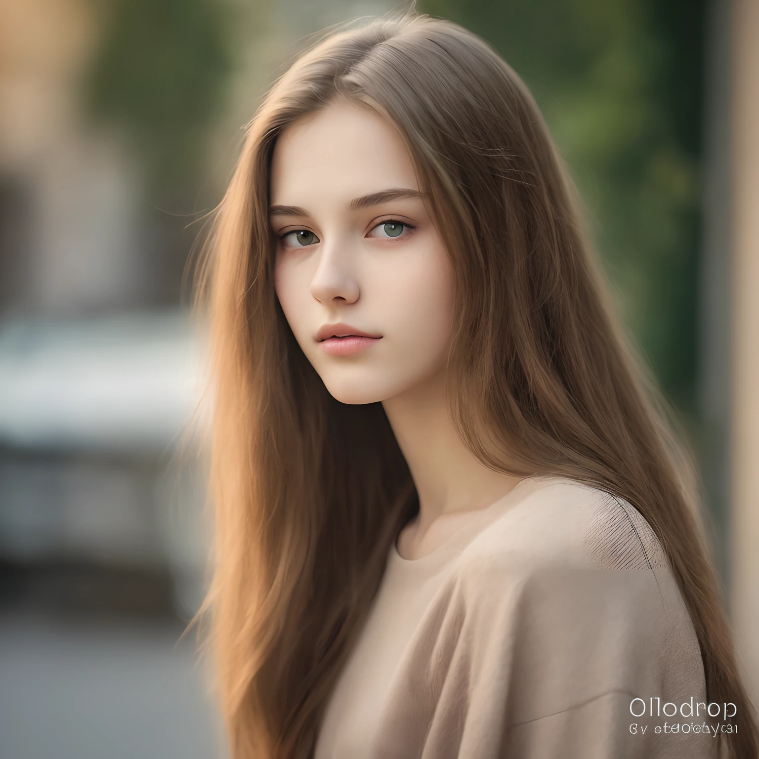 Photograph of a beautiful girl, , fair skin, slender body, light brown hair, long hair, elegant feminine haircut, attractive young face, feminine face, green eyes, detailed face, full lips, symmetrical face, feature serious, wearing casual clothes, posing for a photo, background image with neutral color, edited in Adobe Premiere, 8k