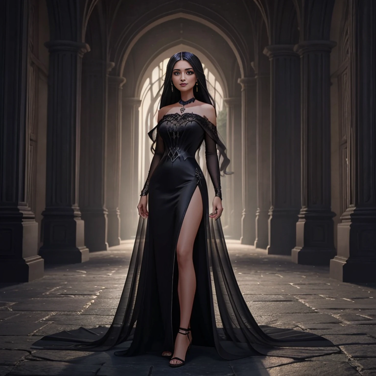 there is a woman in a black dress standing on a rock, Garota Anime usando um vestido preto, fantasy style clothing, vestido longo preto escuro, an elegant gothic princess, Xianxia de corpo inteiro, Sha Xi, uma mulher elegante no vestido preto, por Yang J, wearing a gothic dress, linda senhora, vestido preto escuro, flowing black gown, usando roupas formais de fantasia