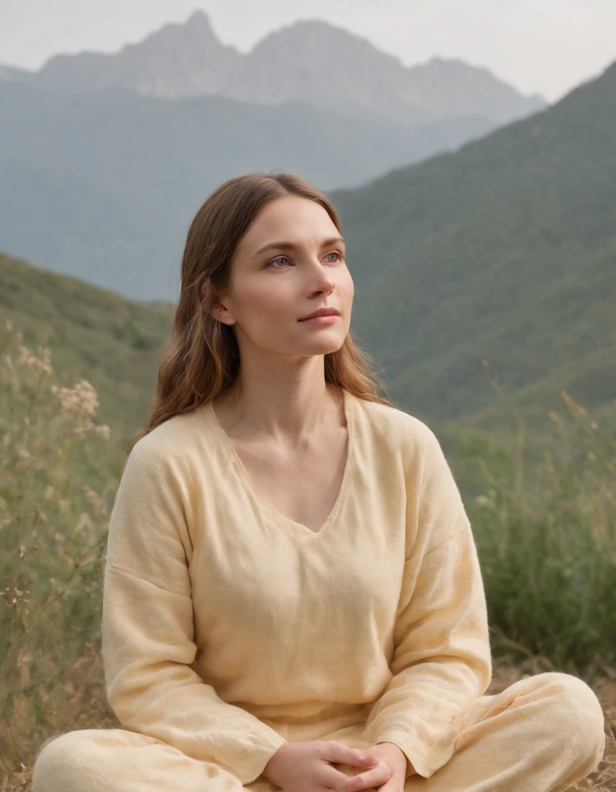 woman meditating in nature with mountain background, in the style of light yellow and light orange, candid moments, patricia piccinini, joyful and optimistic, y2k aesthetic, daniel ridgway knight, high quality photo
