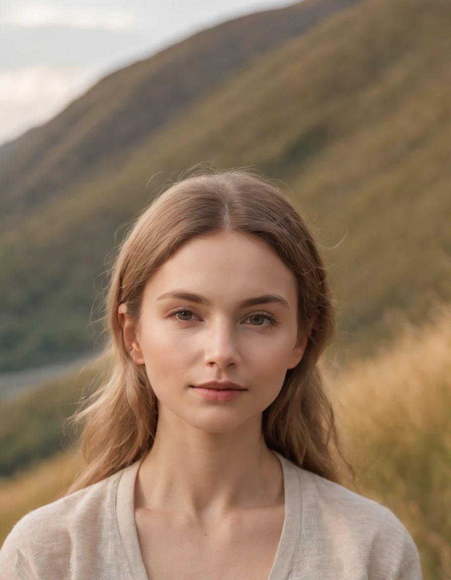 woman meditating in nature with mountain background, in the style of light yellow and light orange, candid moments, patricia piccinini, joyful and optimistic, y2k aesthetic, daniel ridgway knight, high quality photo