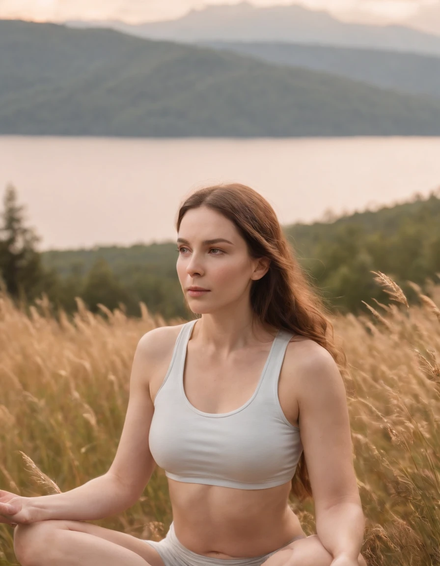 woman meditating in nature with mountain background, in the style of light yellow and light orange, candid moments, patricia piccinini, joyful and optimistic, y2k aesthetic, daniel ridgway knight, high quality photo