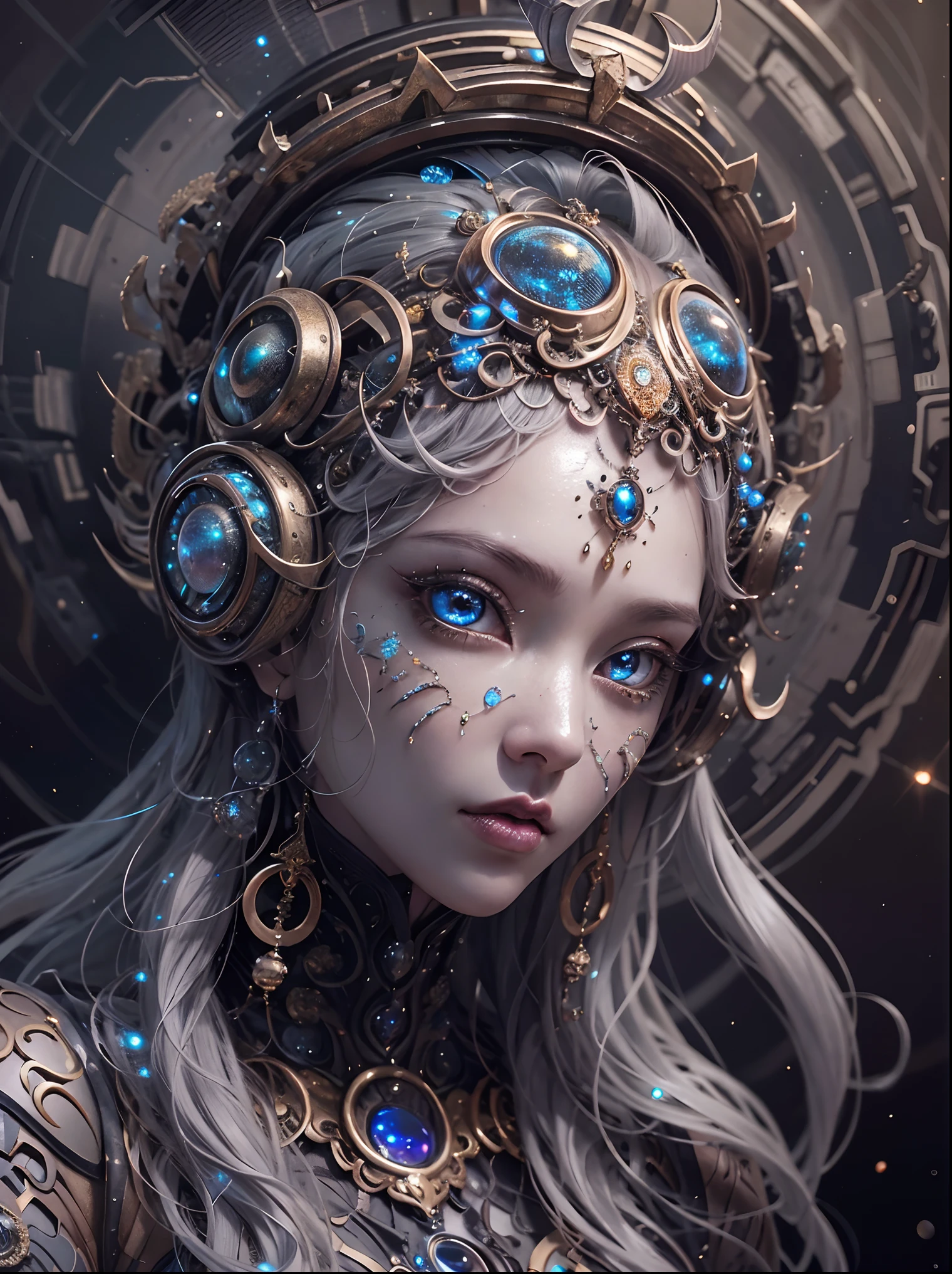 (best qualtiy,ultra - detailed,Most Best Illustration,Best shadow,tmasterpiece,A high resolution,professionalartwork,famousartwork),Detailed eyes,beautidful eyes,closeup cleavage,sci-fy,colored sclera,Robot eyes,face markings,Tattooed with,(fractalized,Fractal eyes),largeeyes,Wide eyes,(Eye focus),sface focus,Cosmic eyes,Space eyes,Close-up of metal sculpture of a woman with a moon in her hair,goddes。extremly high detail,3 d goddess portrait,Extremely detailed footage of the goddess,a stunning portrait of a goddess,Side image of the goddess,portrait of a beautiful goddess,Full body close-up portrait of the goddess,hecate goddess,portrait of a norse moon goddess,goddess of space and time