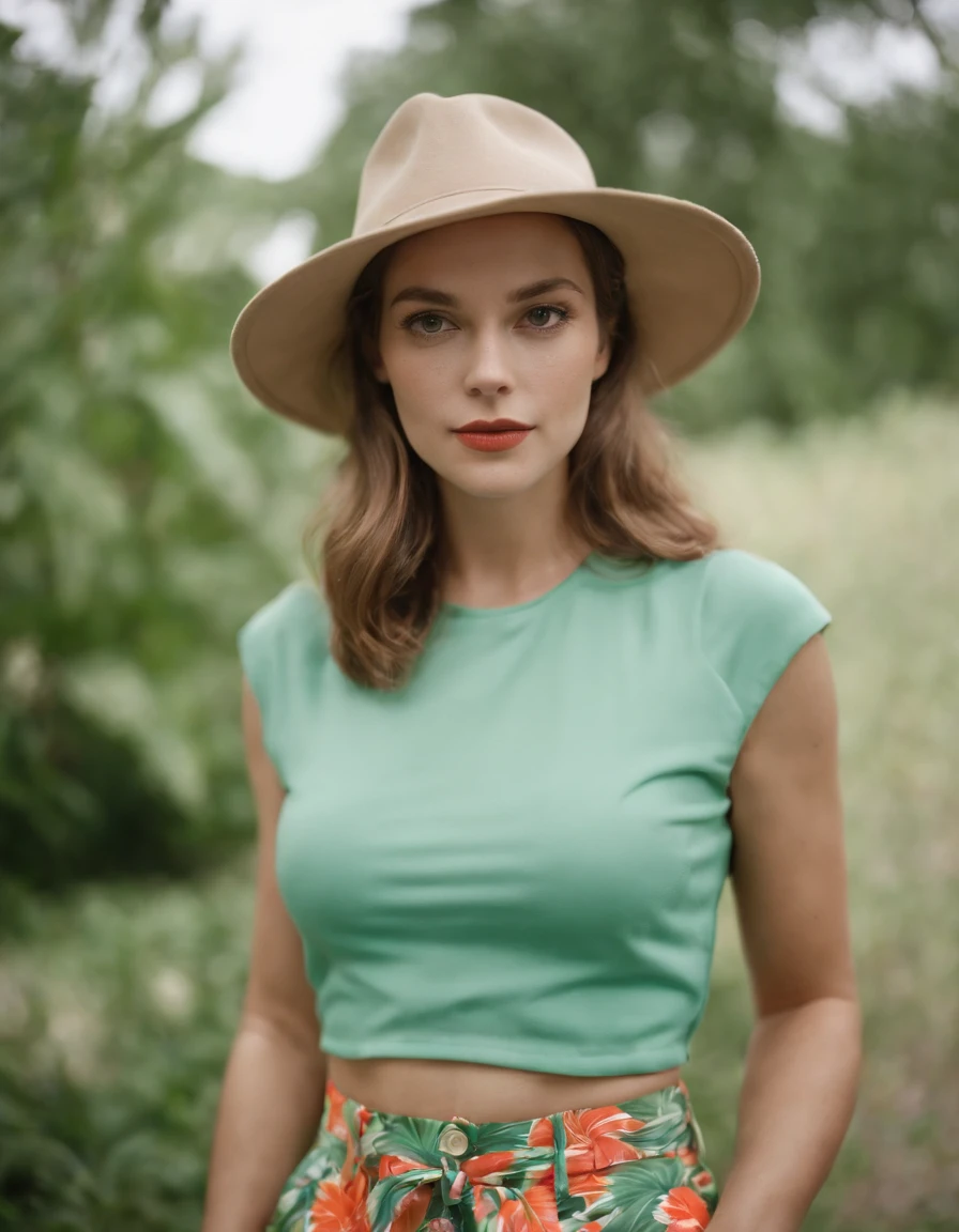 a woman wearing tropical colored pants, a hat, in the style of ilford pan f, made of rubber, punk, kodak vision3 250d 5207, poolcore, danish golden age, reflective, (upper body)
