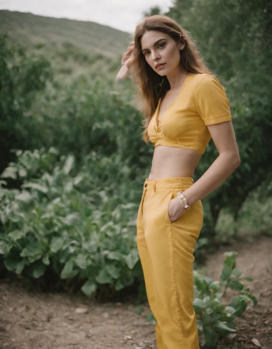 a woman wearing tropical colored pants, a hat, in the style of ilford pan f, made of rubber, punk, kodak vision3 250d 5207, poolcore, danish golden age, reflective, (upper body)
